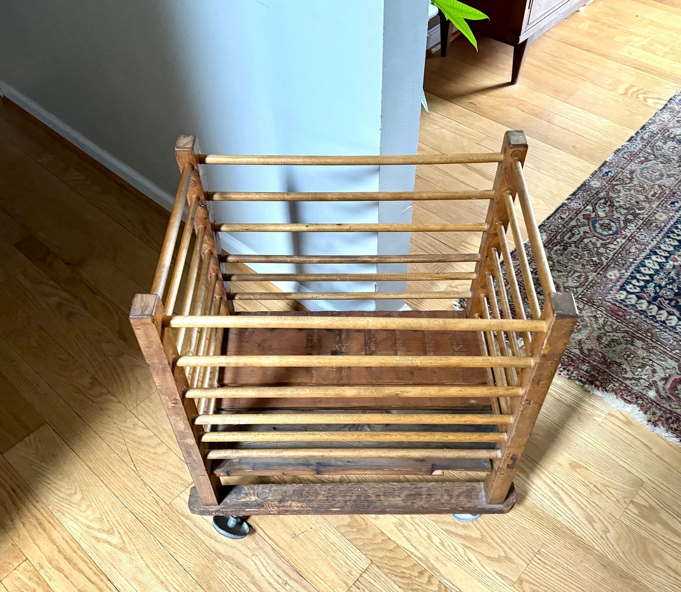 Antique Wooden Rolling Storage Cart | Rolling Cobblers Leather Scrap Cart | Oak Rolling Blanket Storage | Dowel Rod Storage Bin | Wood Bin