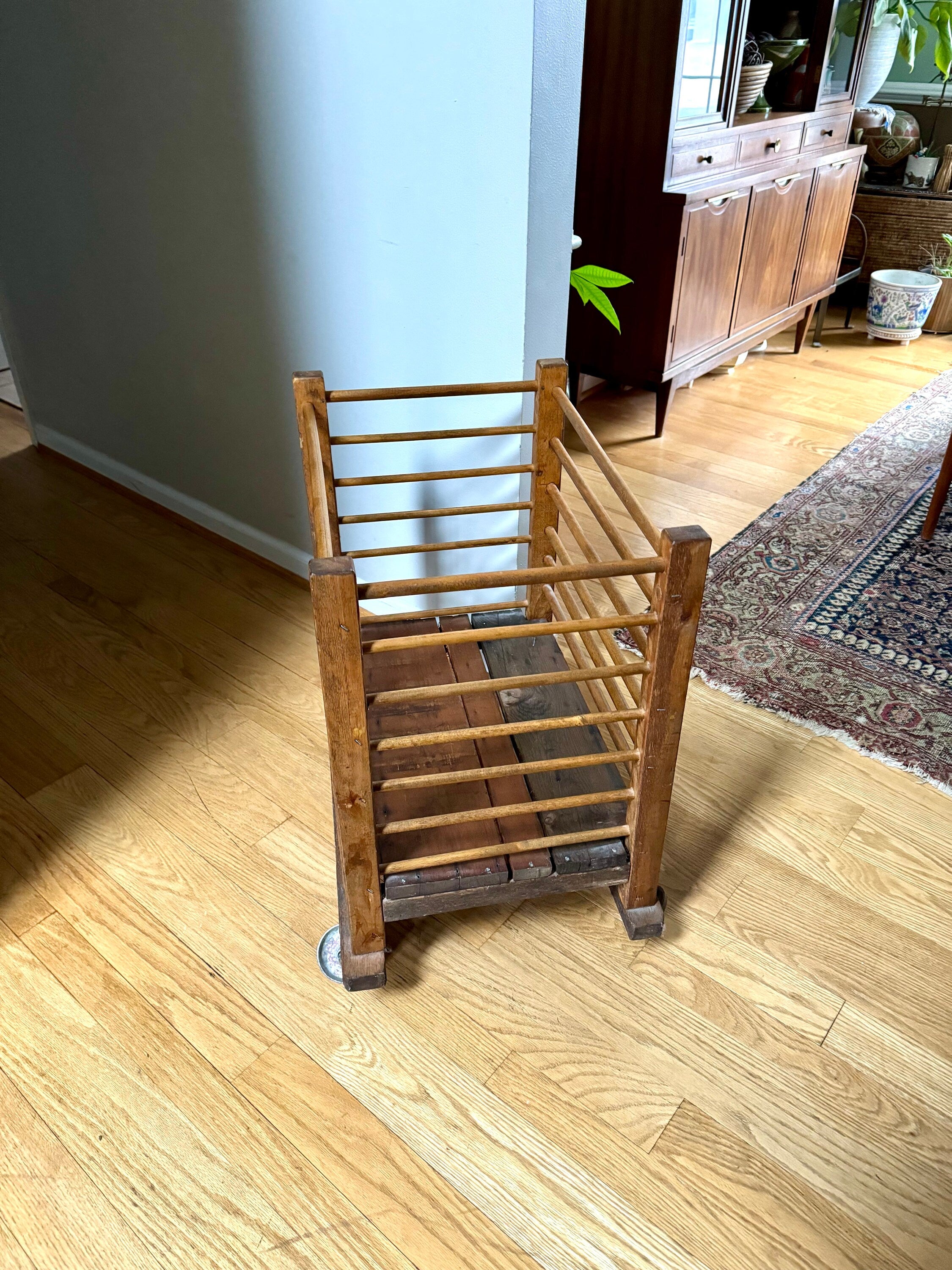 Antique Wooden Rolling Storage Cart | Rolling Cobblers Leather Scrap Cart | Oak Rolling Blanket Storage | Dowel Rod Storage Bin | Wood Bin