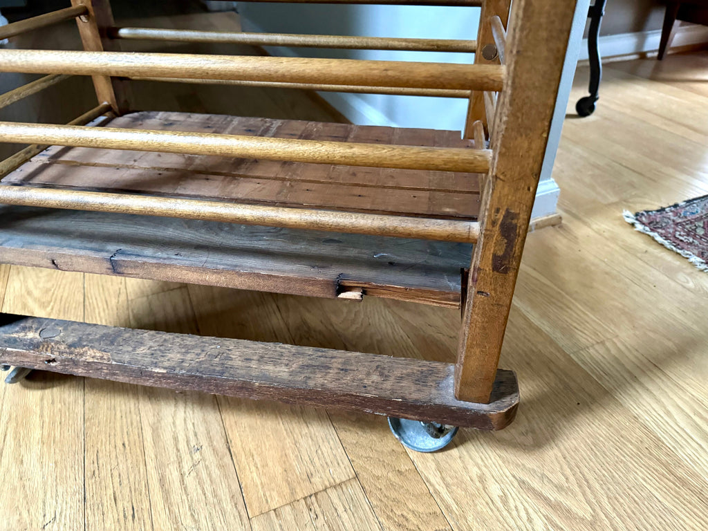 Antique Wooden Rolling Storage Cart | Rolling Cobblers Leather Scrap Cart | Oak Rolling Blanket Storage | Dowel Rod Storage Bin | Wood Bin