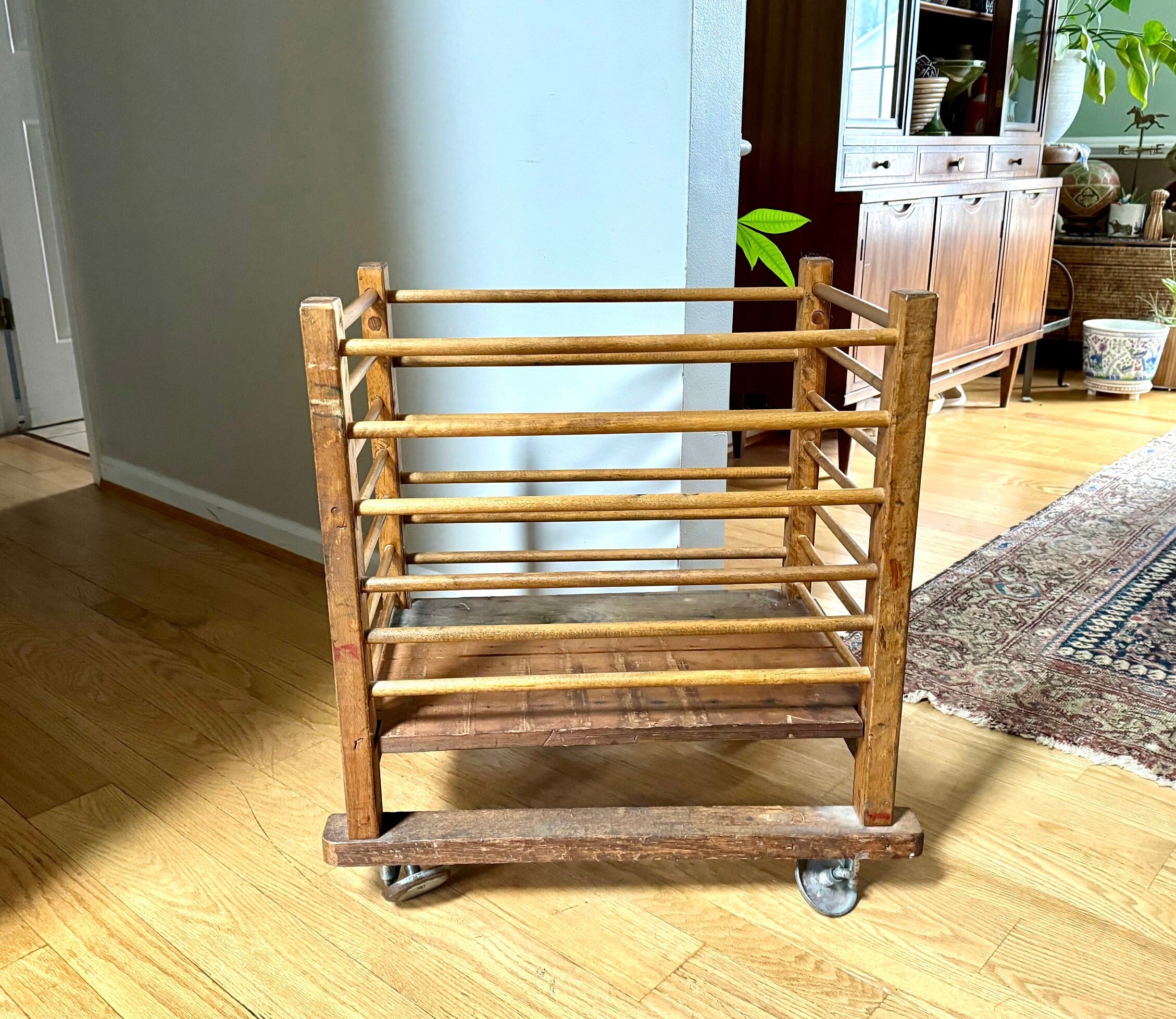 Antique Wooden Rolling Storage Cart | Rolling Cobblers Leather Scrap Cart | Oak Rolling Blanket Storage | Dowel Rod Storage Bin | Wood Bin