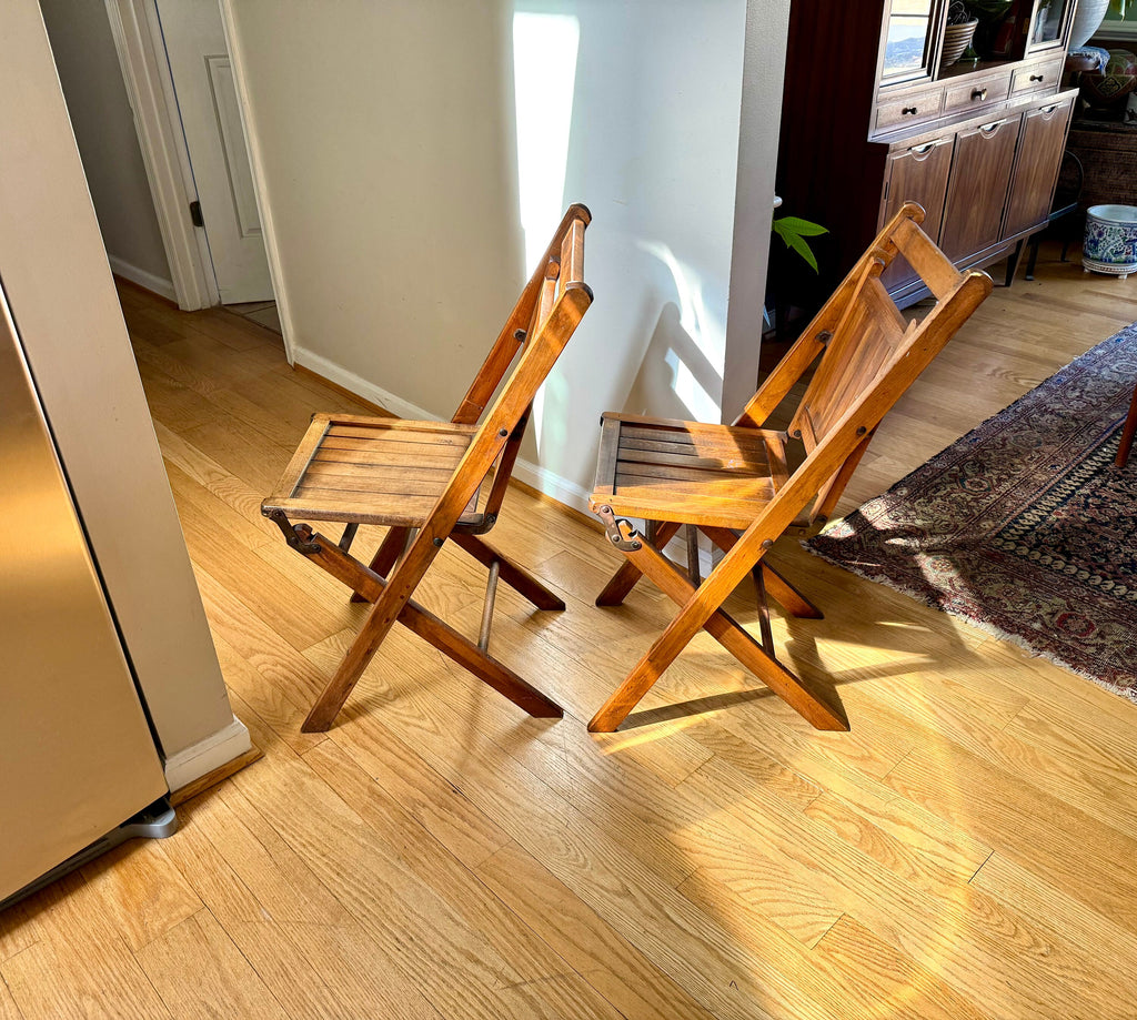 Early 20th Century Wood Folding Chairs | Solid Hardwood Folding Chairs | Unique Early Folding Chairs | Pair of Unique Folding Slat Chairs