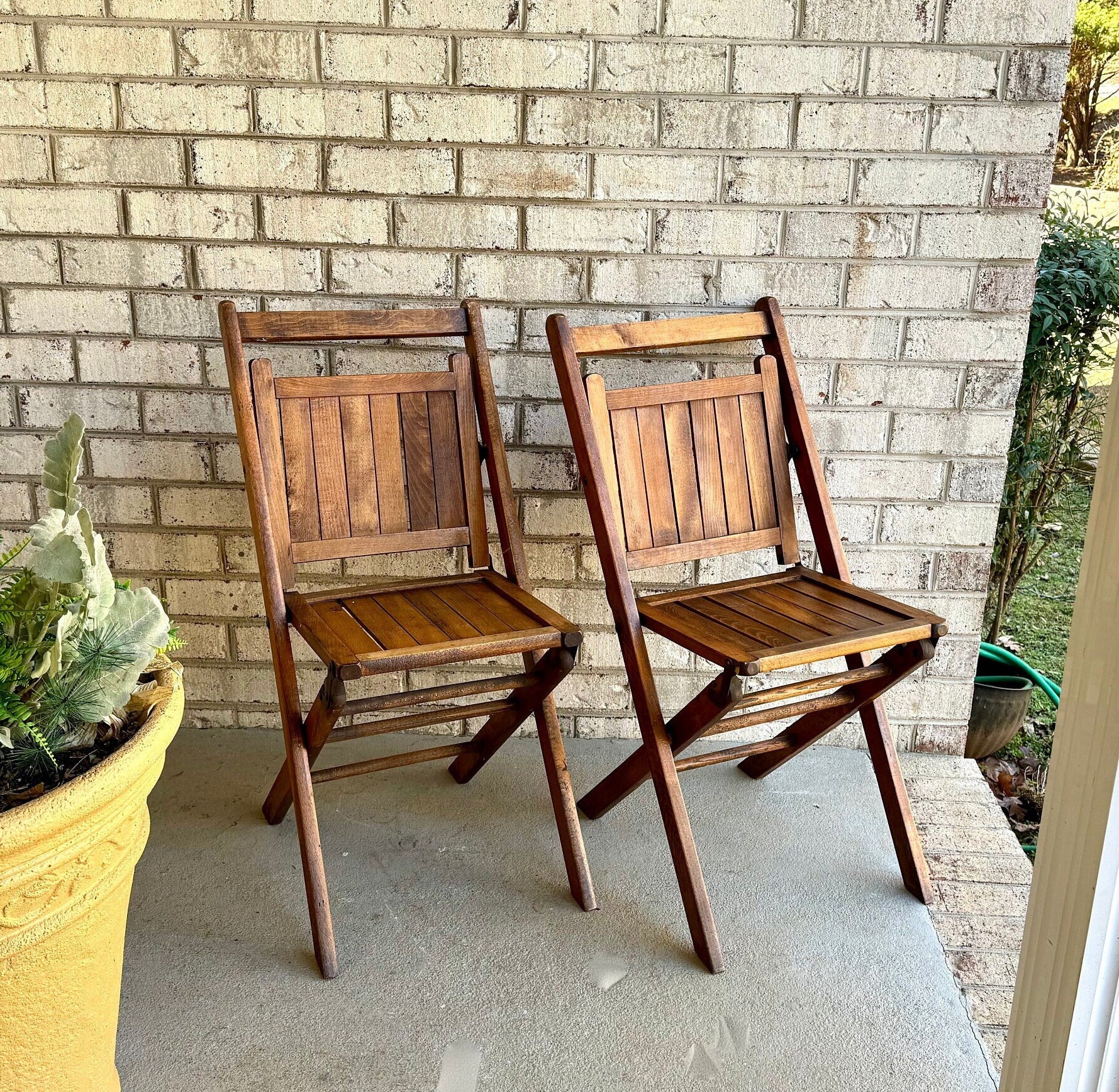 Early 20th Century Wood Folding Chairs | Solid Hardwood Folding Chairs | Unique Early Folding Chairs | Pair of Unique Folding Slat Chairs