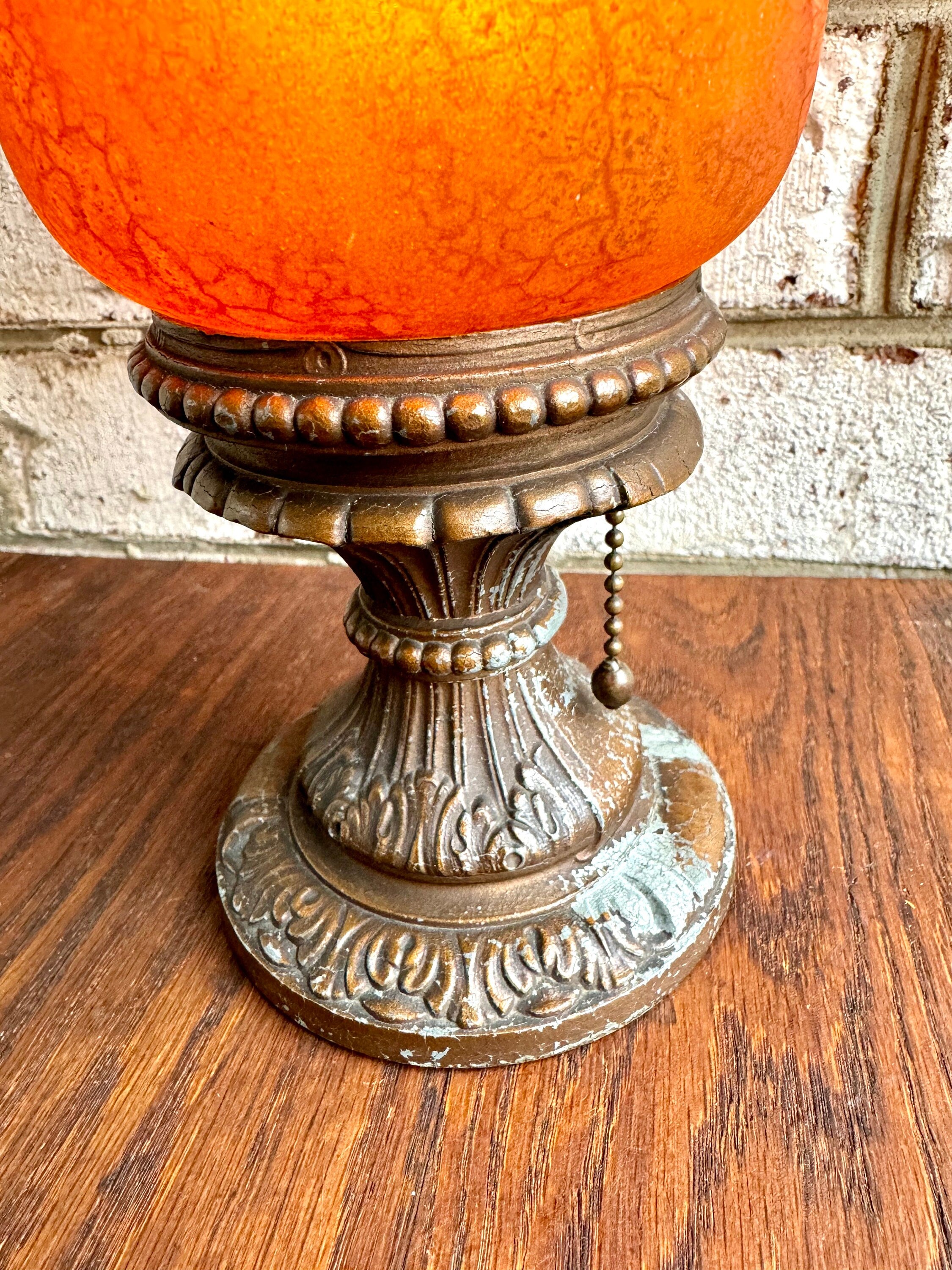 Frosted Boudoir Lamp | Antique Frosted Amber Mantle Lamp | Vintage Ornate Burnt Orange Cylinder Glass Lamp | Decorative Accent Lamp
