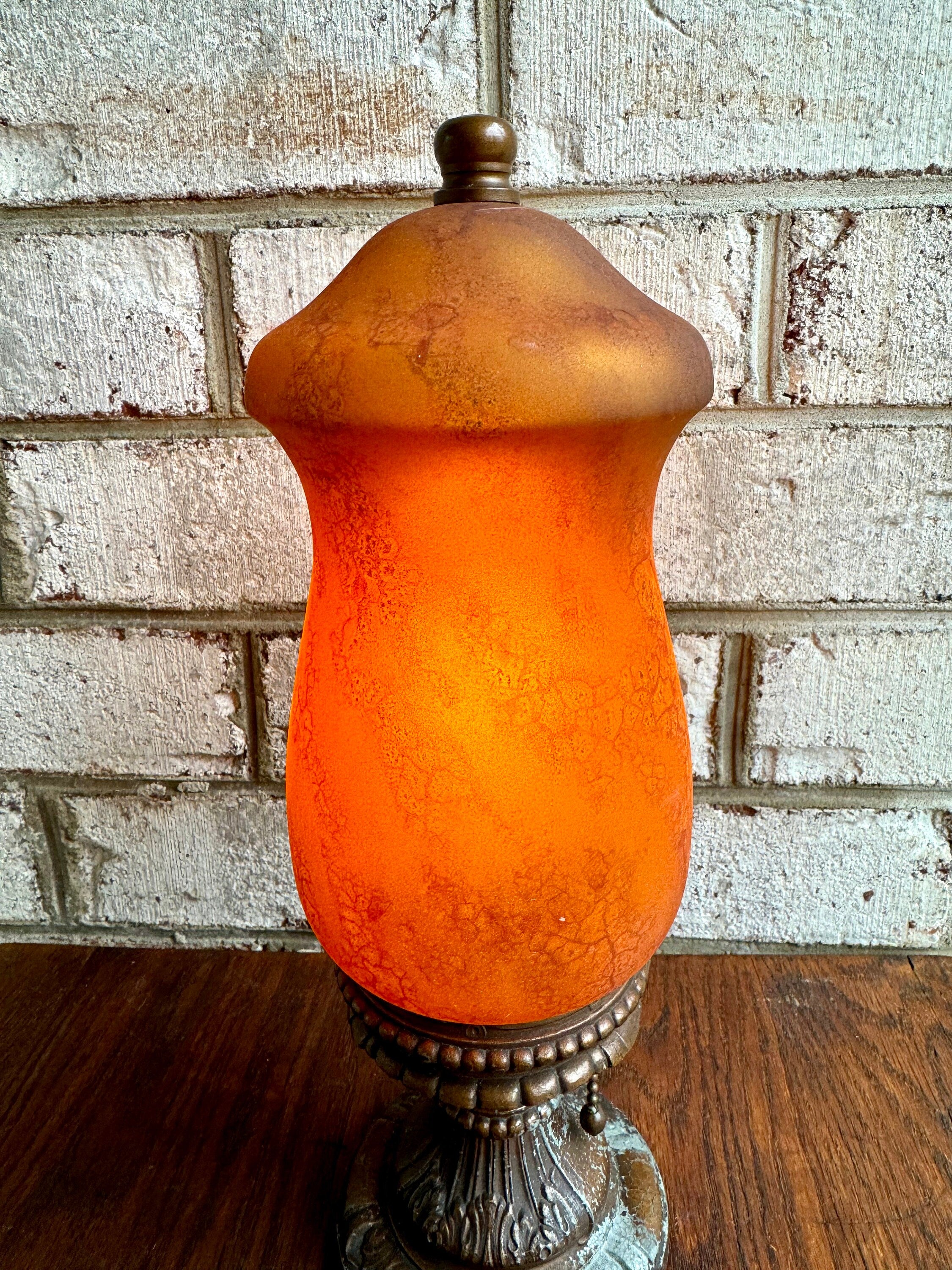 Frosted Boudoir Lamp | Antique Frosted Amber Mantle Lamp | Vintage Ornate Burnt Orange Cylinder Glass Lamp | Decorative Accent Lamp