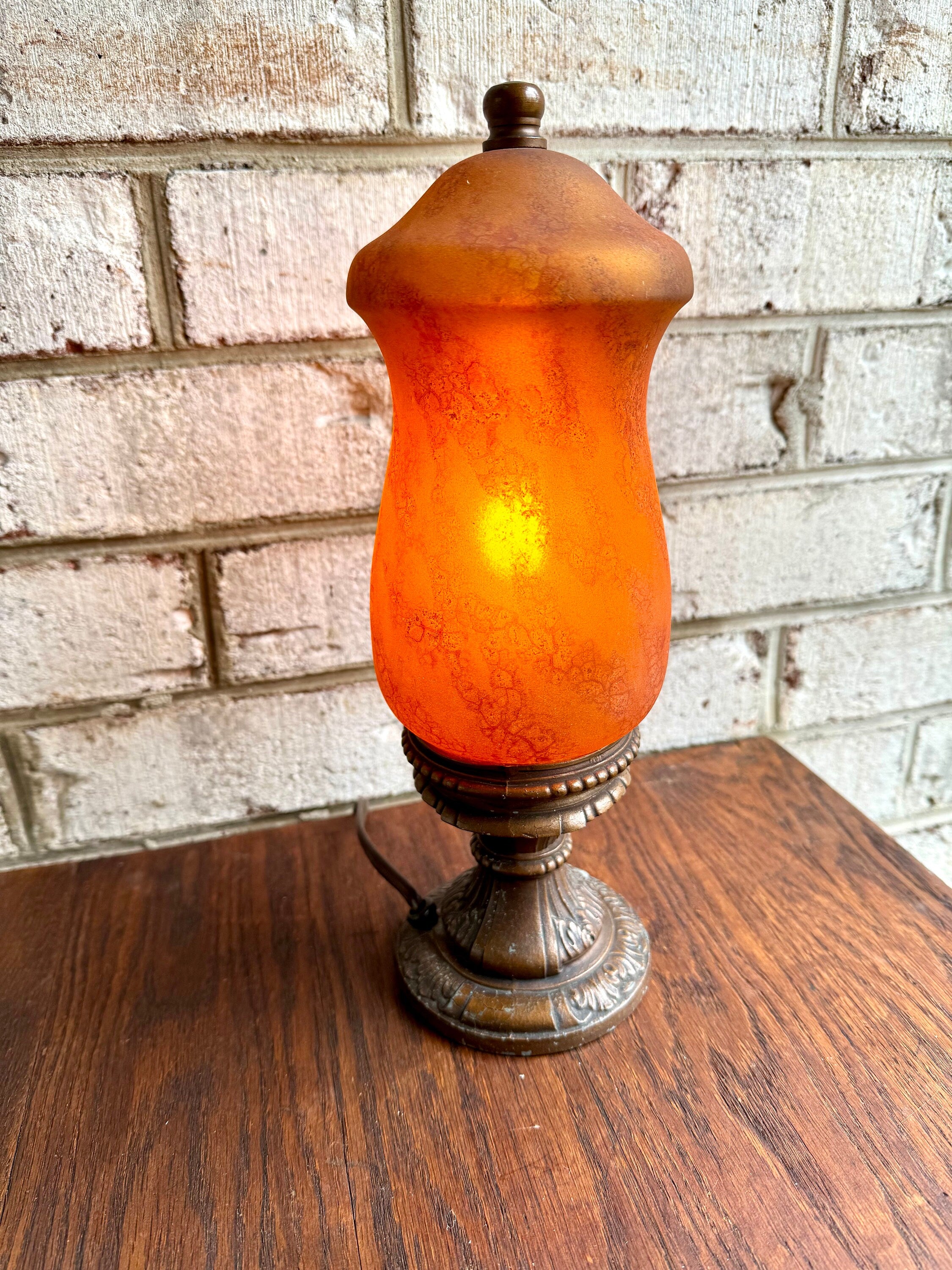 Frosted Boudoir Lamp | Antique Frosted Amber Mantle Lamp | Vintage Ornate Burnt Orange Cylinder Glass Lamp | Decorative Accent Lamp