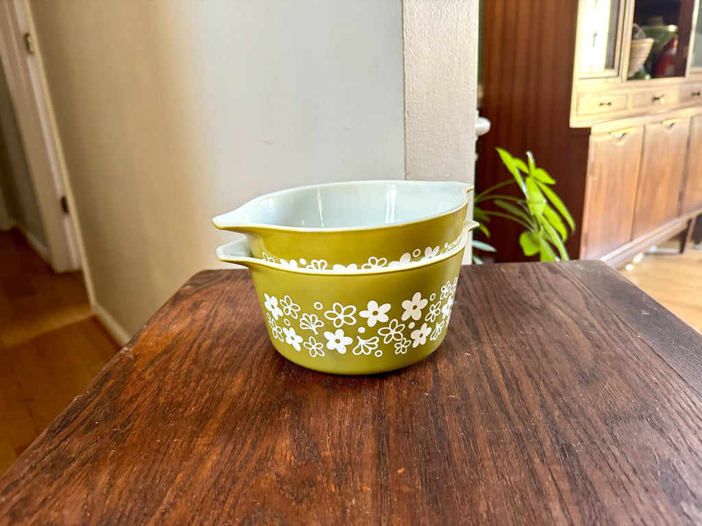 Pyrex 471 and 473 Spring Blossom Casserole Dishes | Vintage Crazy Daisy Pyrex Set | Green Pyrex Dish | Mid Century Kitchen | No lids