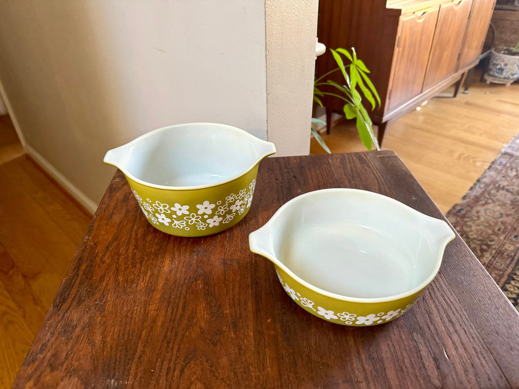 Pyrex 471 and 473 Spring Blossom Casserole Dishes | Vintage Crazy Daisy Pyrex Set | Green Pyrex Dish | Mid Century Kitchen | No lids