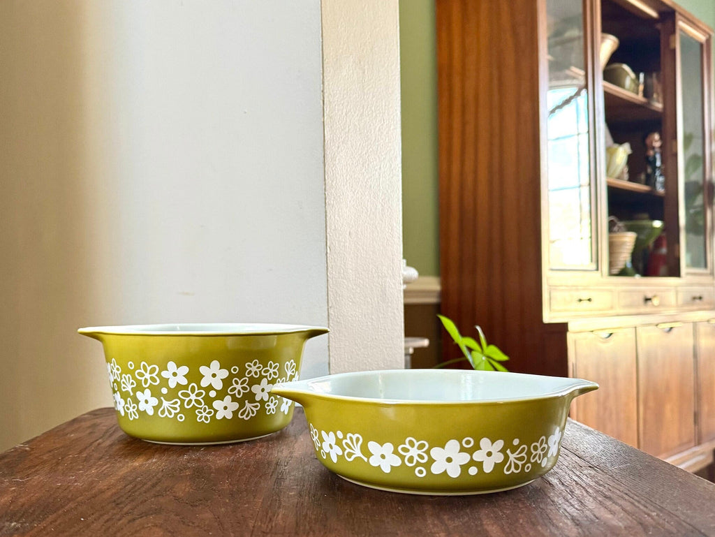 Pyrex 471 and 473 Spring Blossom Casserole Dishes | Vintage Crazy Daisy Pyrex Set | Green Pyrex Dish | Mid Century Kitchen | No lids