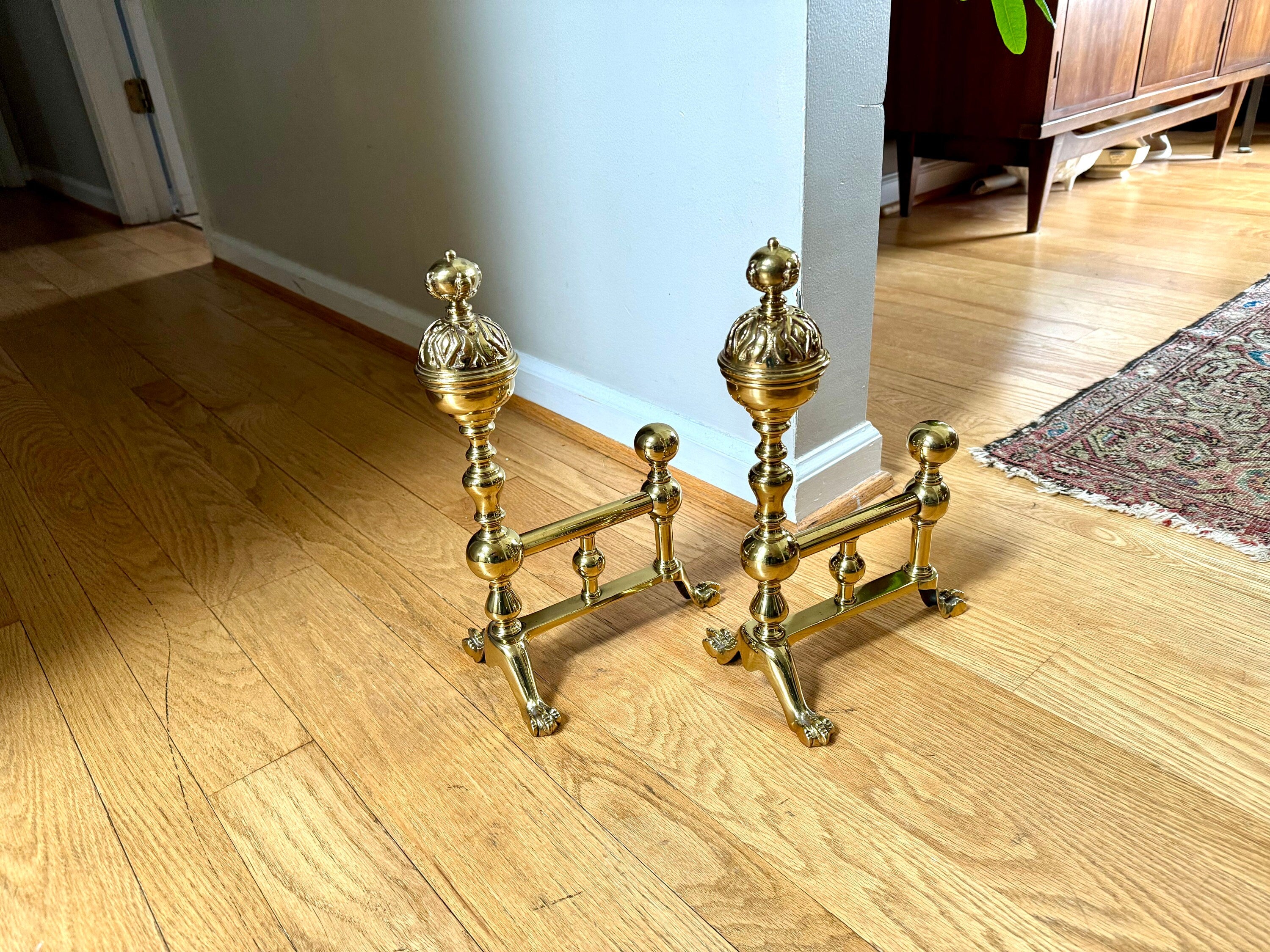 Small Brass Fireplace Andirons | Vintage Short Victorian Style Andirons | Antique Claw Foot Andirons | Ornate Brass Clawfoot Bookends | Firedogs