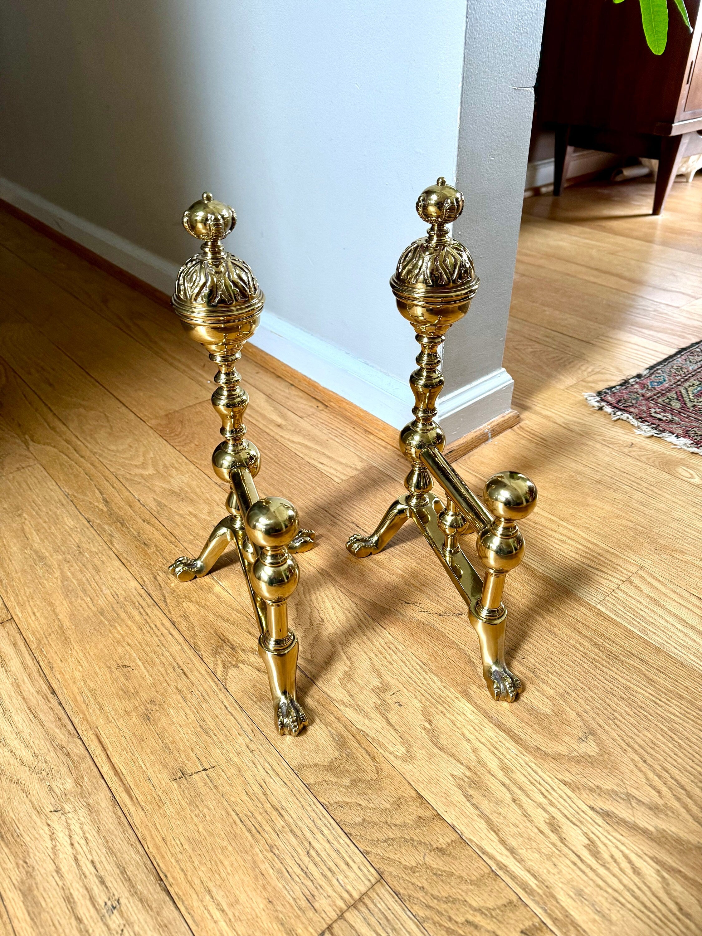 Small Brass Fireplace Andirons | Vintage Short Victorian Style Andirons | Antique Claw Foot Andirons | Ornate Brass Clawfoot Bookends | Firedogs