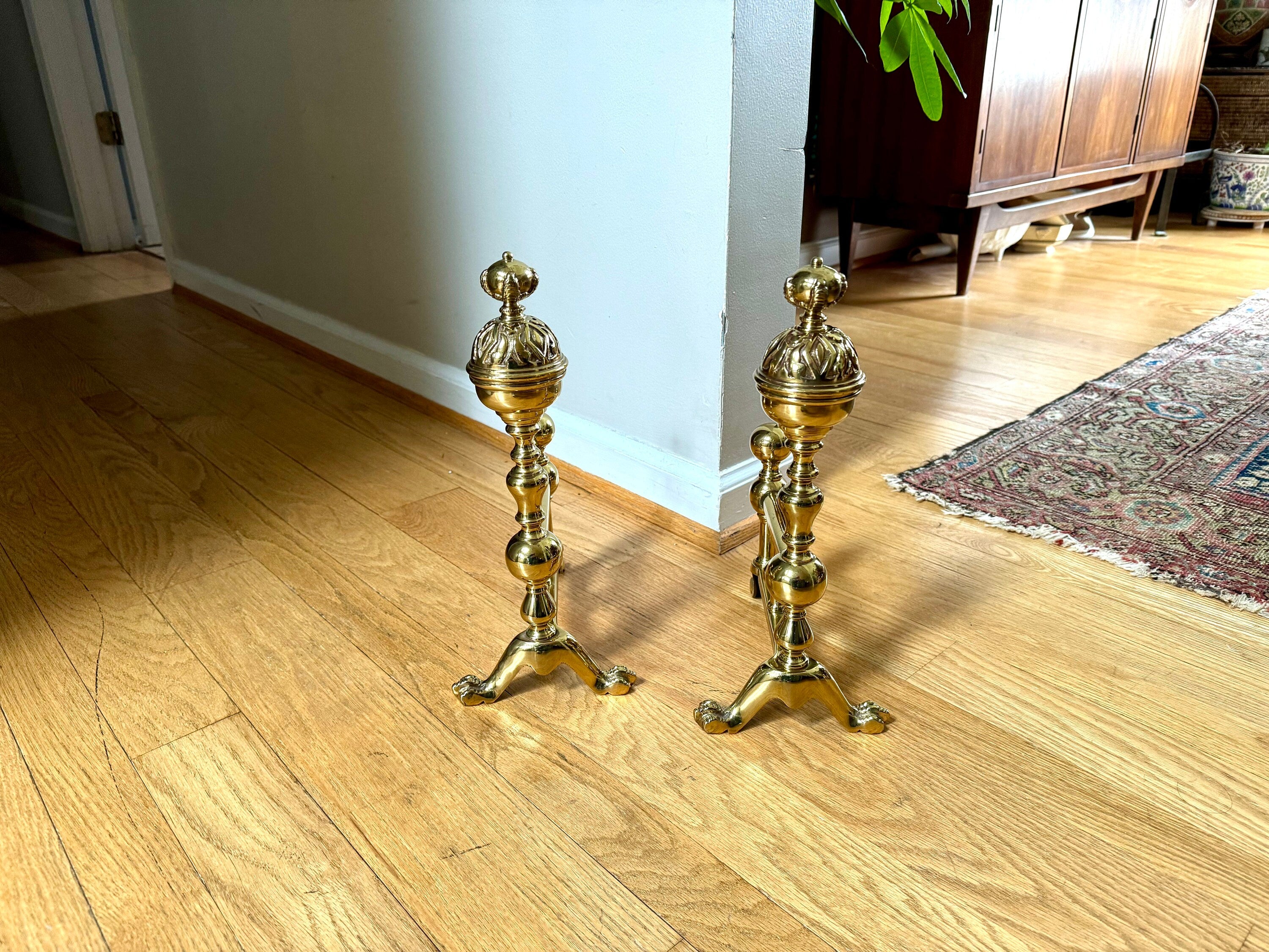 Small Brass Fireplace Andirons | Vintage Short Victorian Style Andirons | Antique Claw Foot Andirons | Ornate Brass Clawfoot Bookends | Firedogs