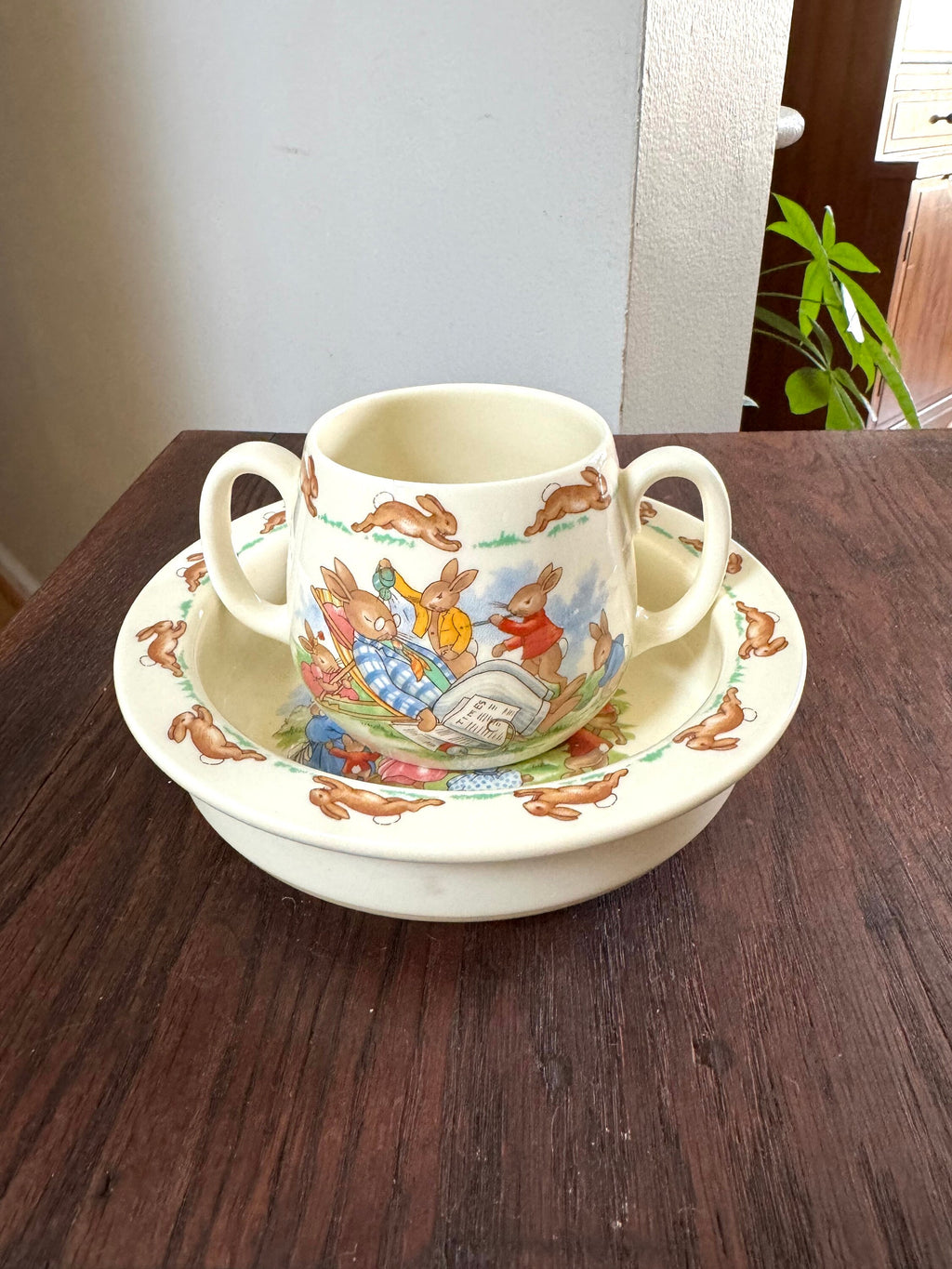 Vintage Royal Doulton Bunnykins Children's Bowl and Drinking Cup | Toddler's Bunny Themed Bowl and Cup | English Fine Bone China | Bunnykins