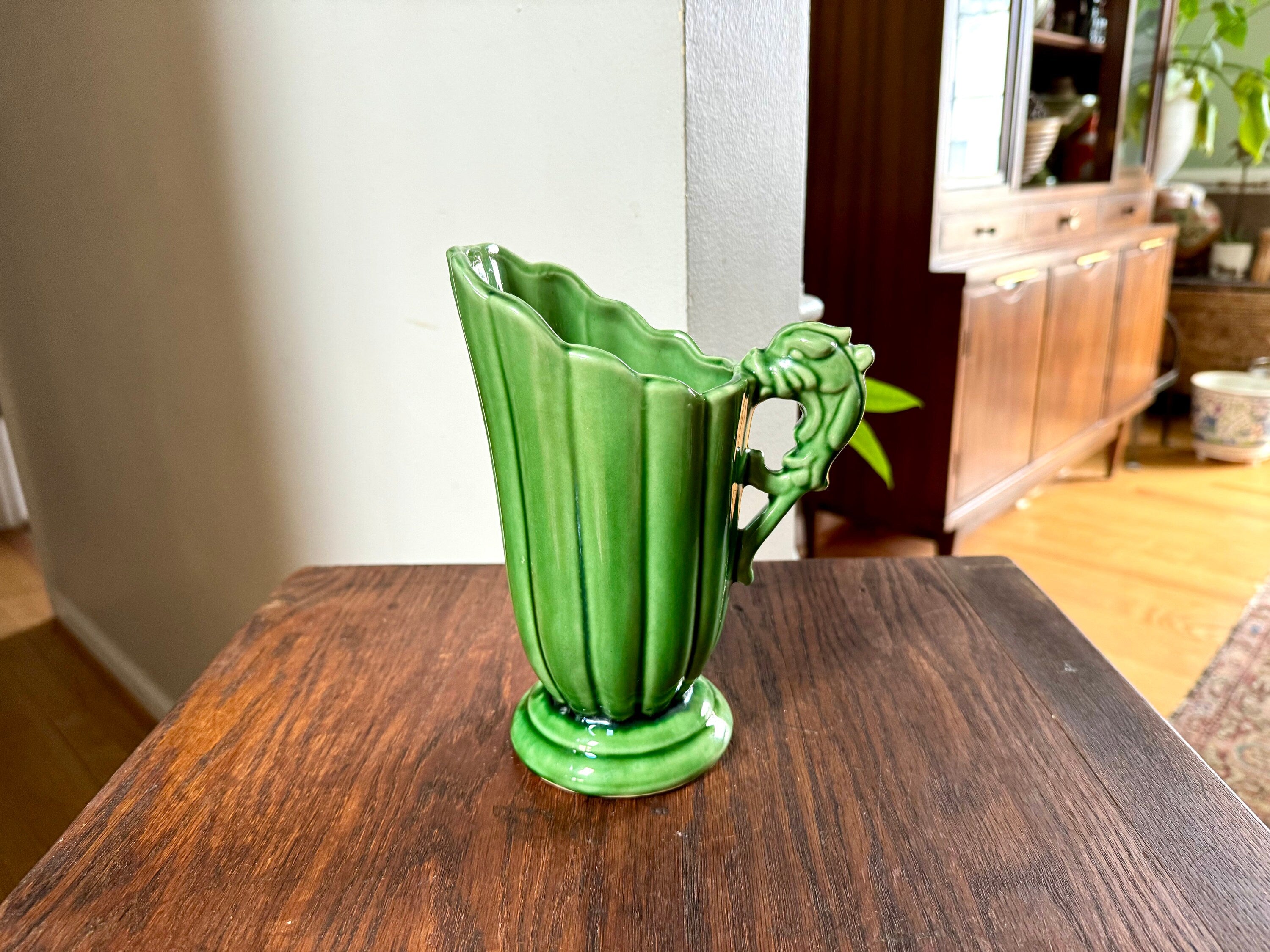 Vtg Shawnee 828 Ceramic Pitcher | Emerald Green Pottery Vase | Dragon Handle Ceramic Pitcher | Art Deco Shawnee Vase