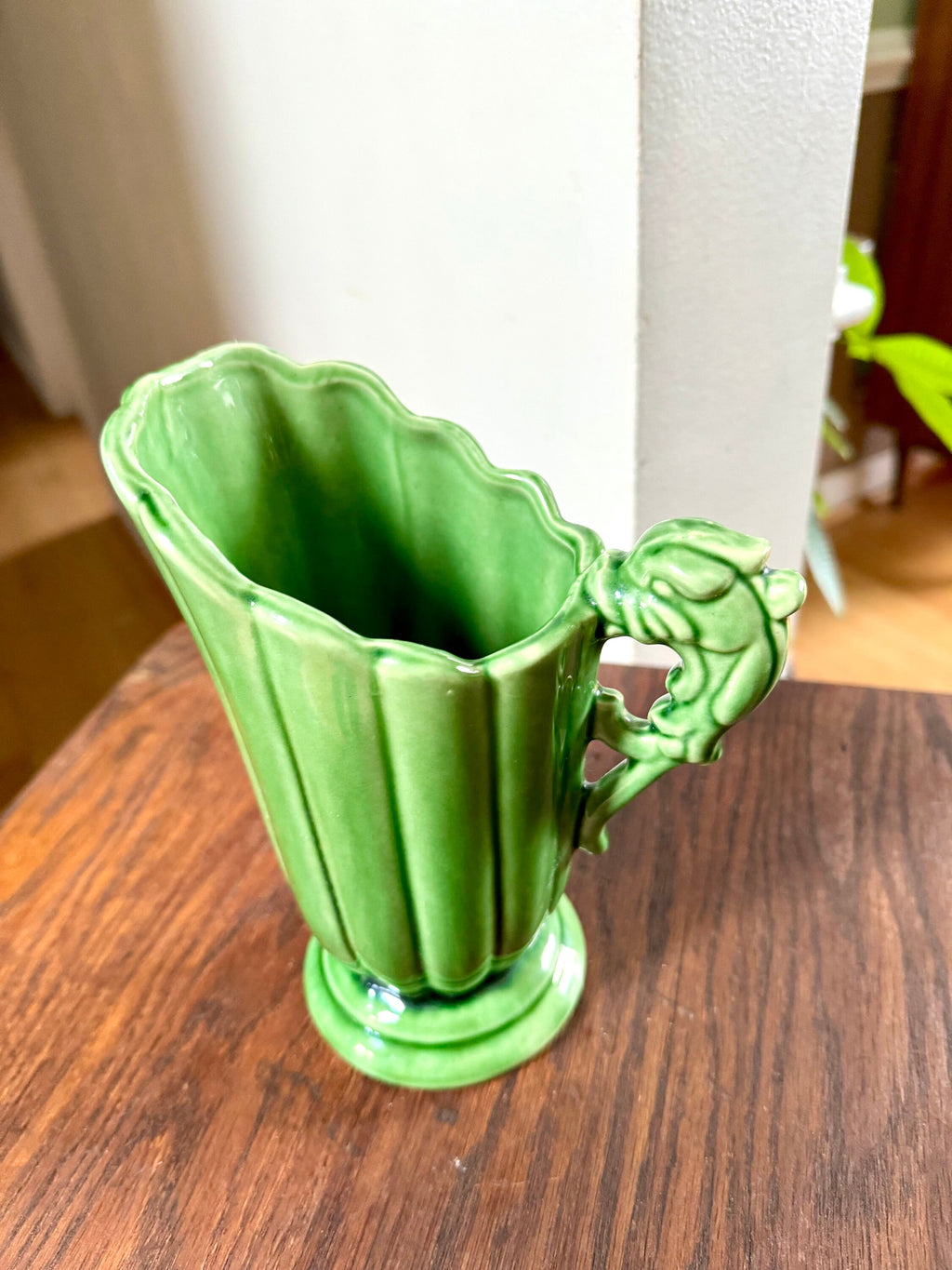 Vtg Shawnee 828 Ceramic Pitcher | Emerald Green Pottery Vase | Dragon Handle Ceramic Pitcher | Art Deco Shawnee Vase