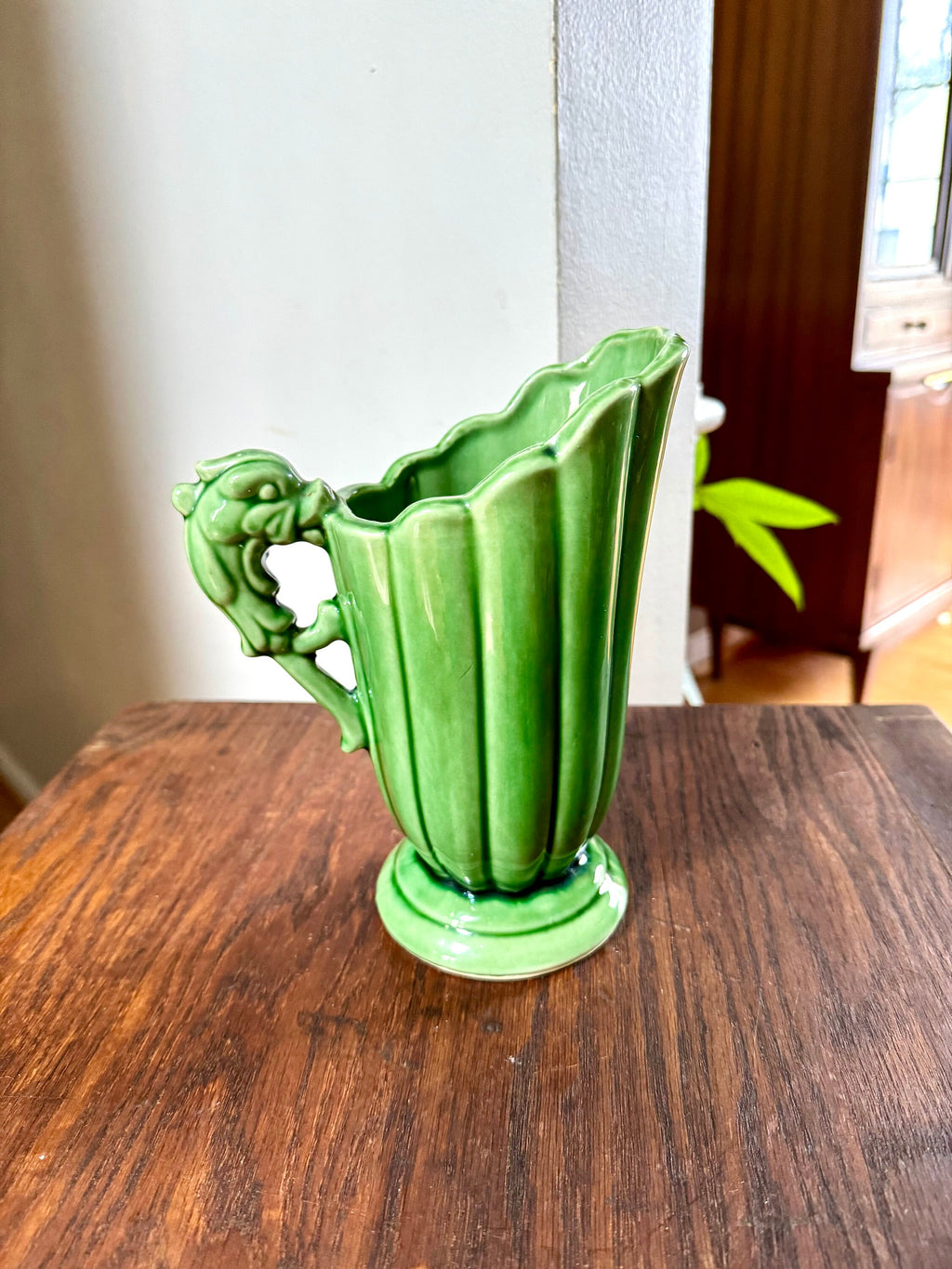 Vtg Shawnee 828 Ceramic Pitcher | Emerald Green Pottery Vase | Dragon Handle Ceramic Pitcher | Art Deco Shawnee Vase