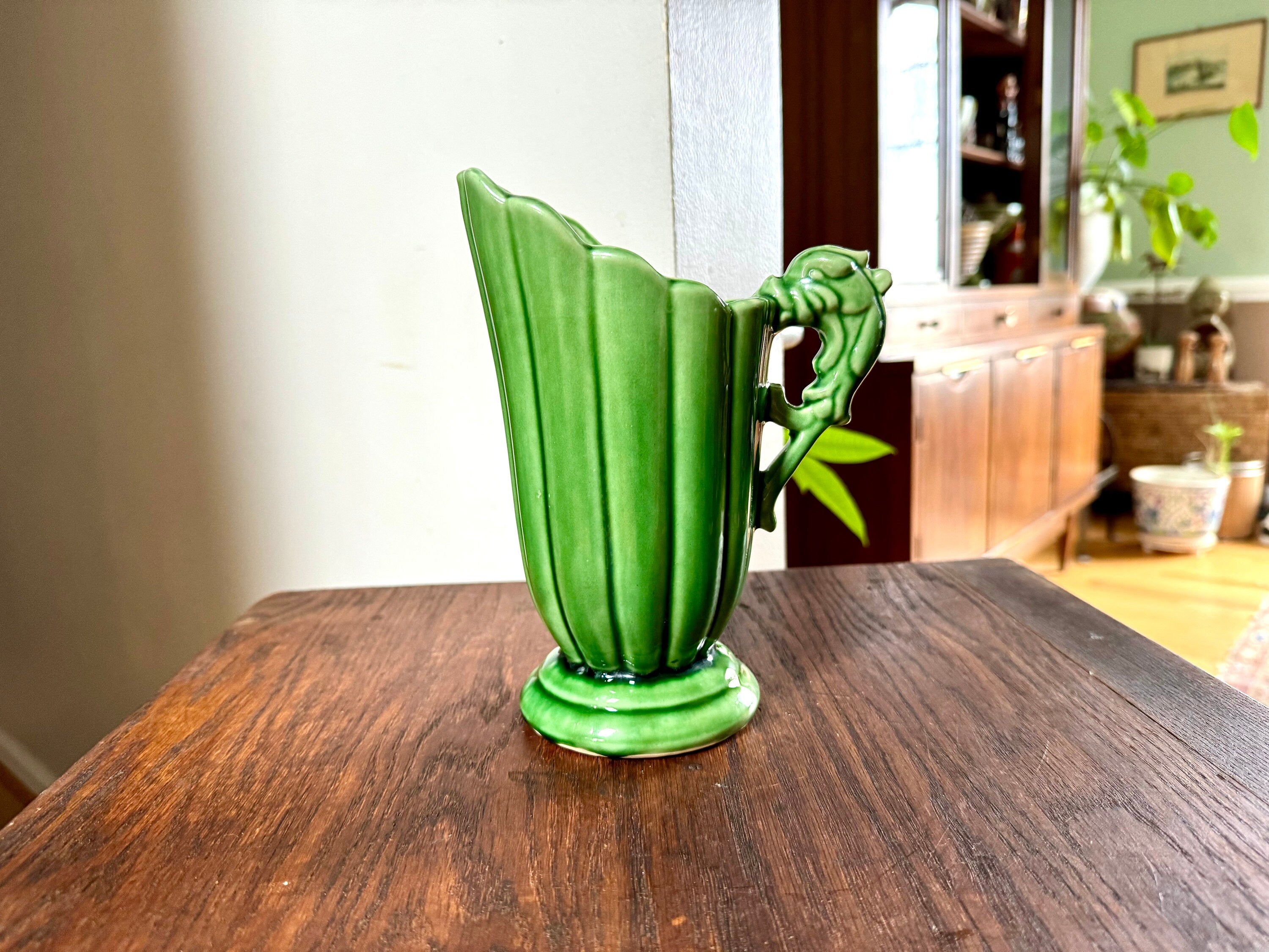 Vtg Shawnee 828 Ceramic Pitcher | Emerald Green Pottery Vase | Dragon Handle Ceramic Pitcher | Art Deco Shawnee Vase
