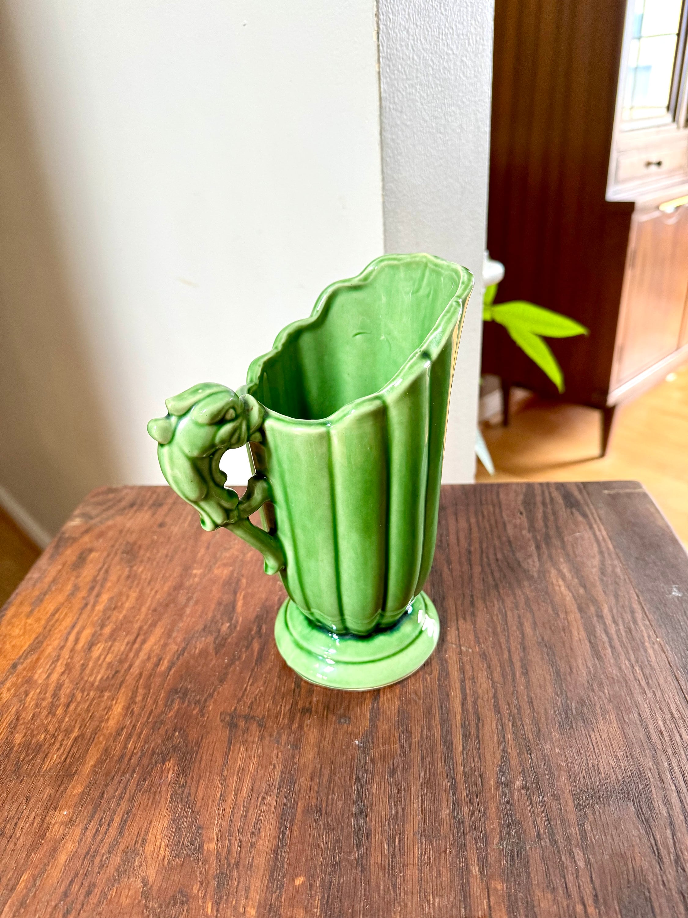 Vtg Shawnee 828 Ceramic Pitcher | Emerald Green Pottery Vase | Dragon Handle Ceramic Pitcher | Art Deco Shawnee Vase