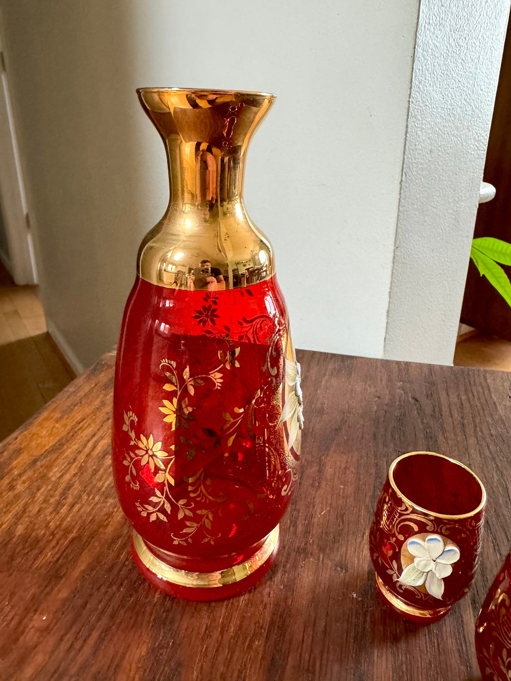 Vtg Murano Ruby Red Glass Liquor Decanter Set | Hand Painted Floral Motif Red Glass Decanter Set | Venetian Glass 18KT Gold Bar Set