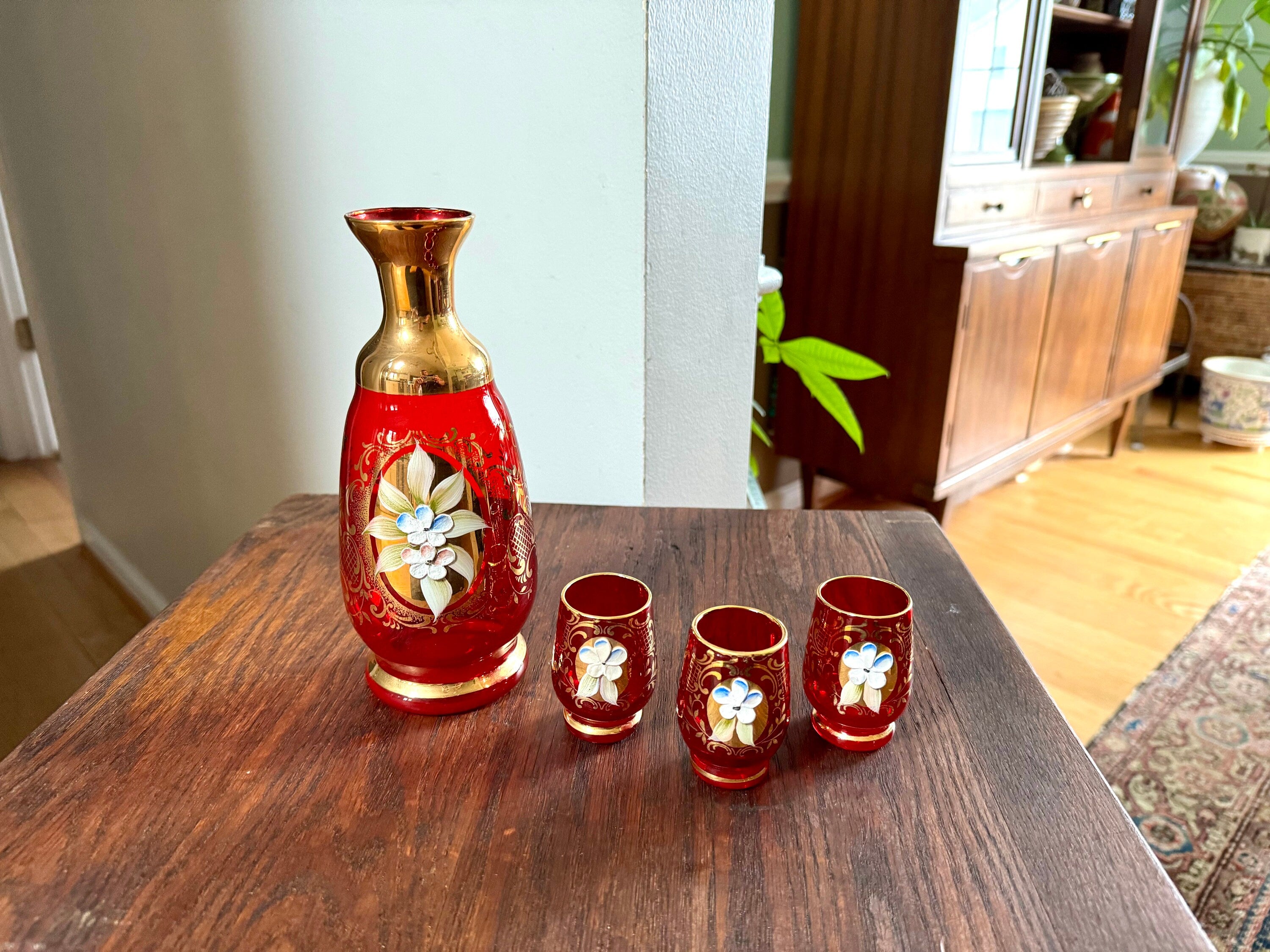 Vtg Murano Ruby Red Glass Liquor Decanter Set | Hand Painted Floral Motif Red Glass Decanter Set | Venetian Glass 18KT Gold Bar Set