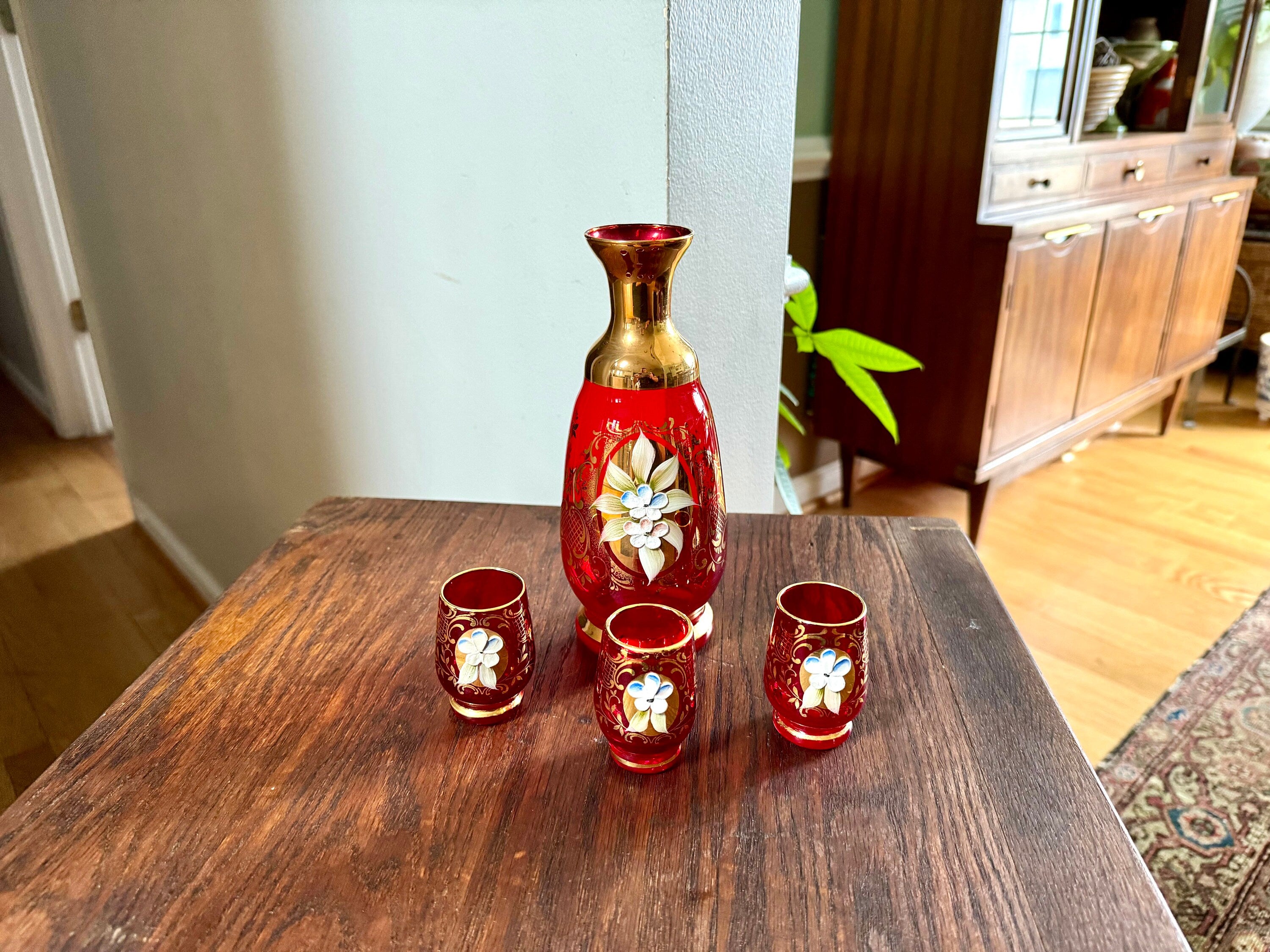 Vtg Murano Ruby Red Glass Liquor Decanter Set | Hand Painted Floral Motif Red Glass Decanter Set | Venetian Glass 18KT Gold Bar Set