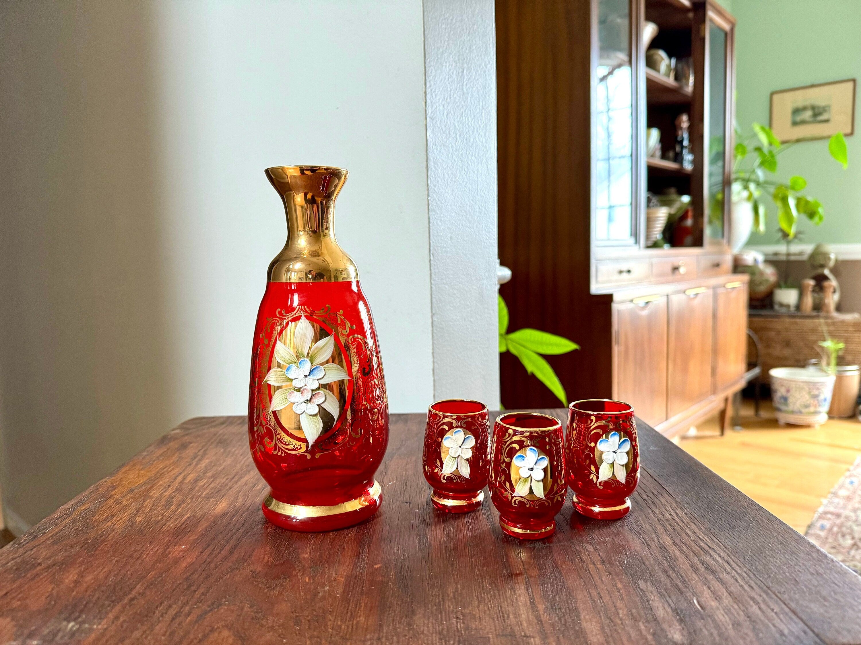Vtg Murano Ruby Red Glass Liquor Decanter Set | Hand Painted Floral Motif Red Glass Decanter Set | Venetian Glass 18KT Gold Bar Set