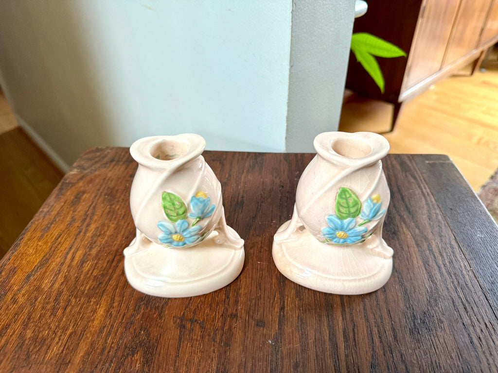 Vtg Hull Ceramic Candlestick Holders | Hull USA H-24 Candleholders | Floral Ceramic Candle Holders | Blue Magnolia Candleholders