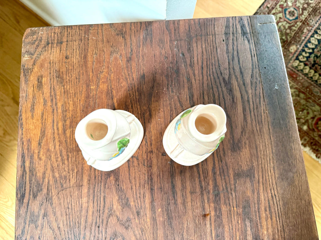 Vtg Hull Ceramic Candlestick Holders | Hull USA H-24 Candleholders | Floral Ceramic Candle Holders | Blue Magnolia Candleholders