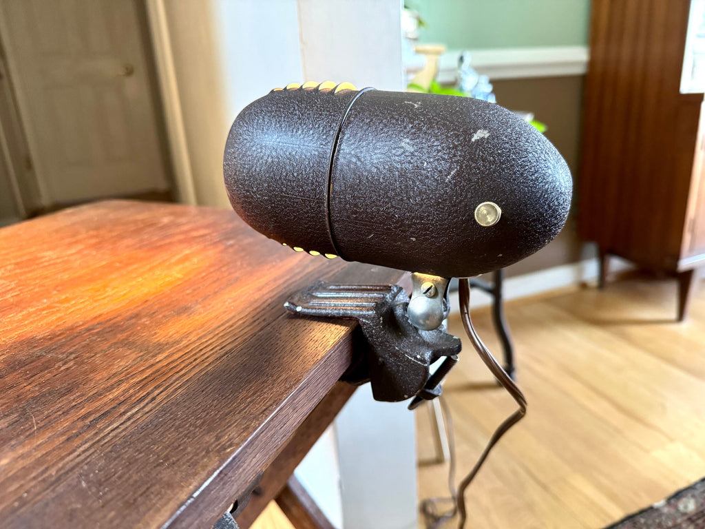 1940's Metal Headboard Lamp | Art Deco Clamp Lamp | 1940's Bullet Fisheye Lamp | Industrial Reading Lamp | Atomic Clamp On Task Lamp