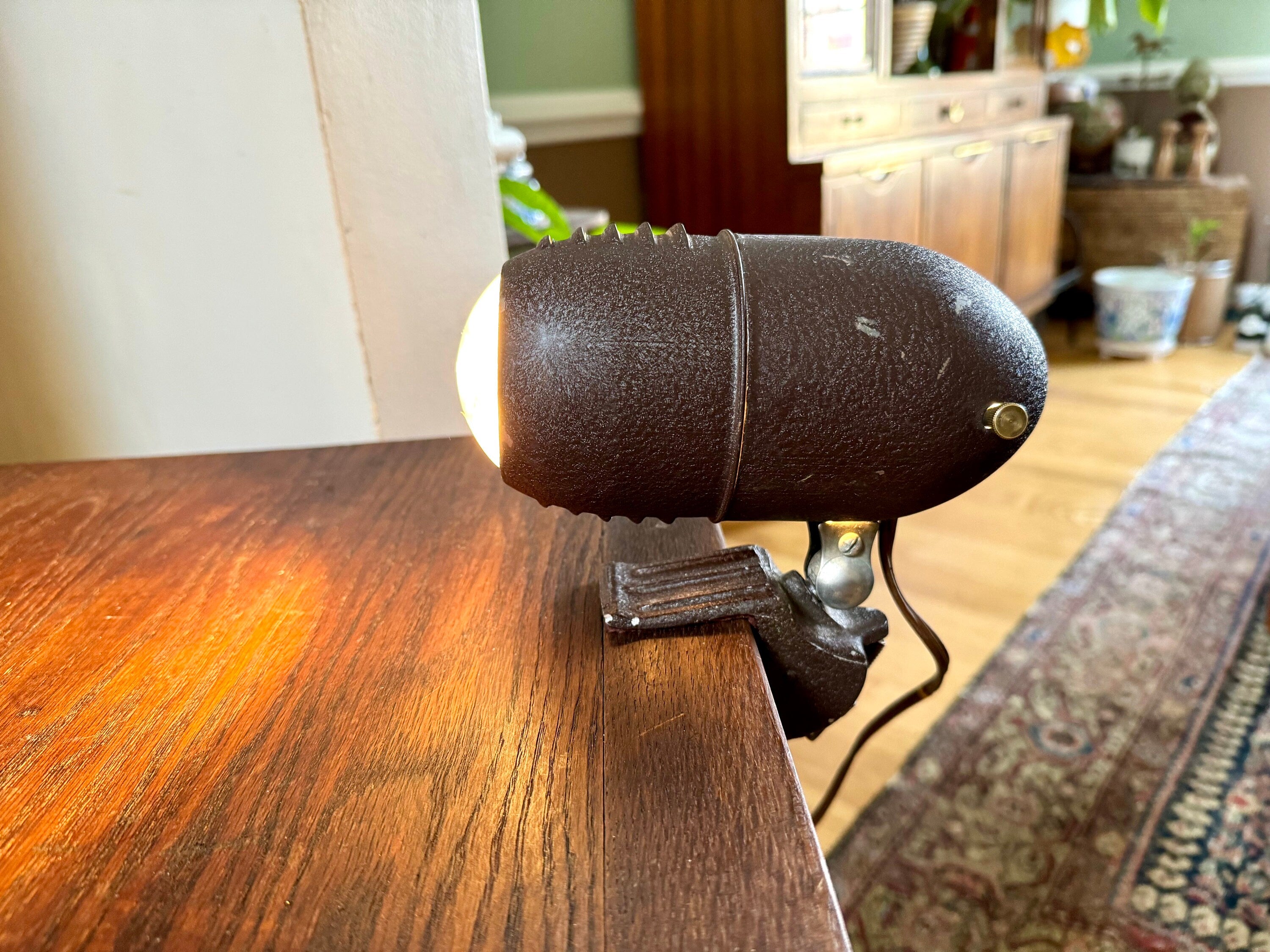 1940's Metal Headboard Lamp | Art Deco Clamp Lamp | 1940's Bullet Fisheye Lamp | Industrial Reading Lamp | Atomic Clamp On Task Lamp