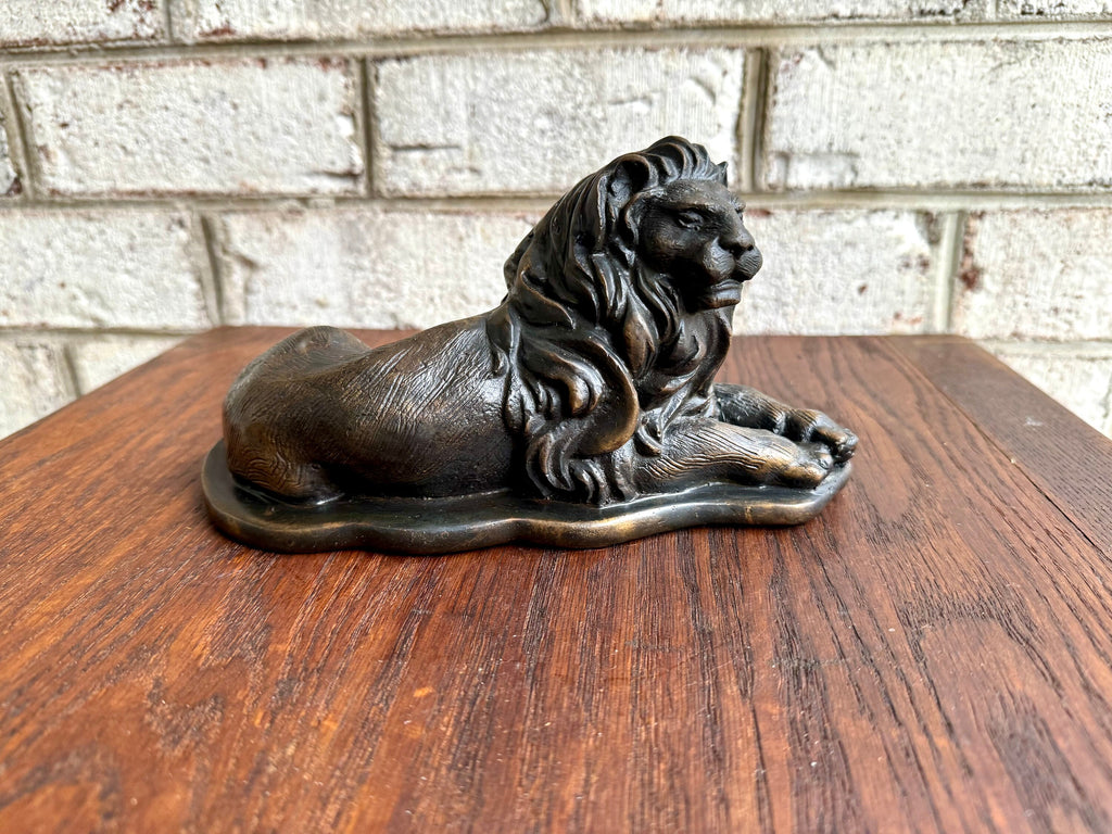 Vtg Bronze Resting Lion Statue | Laying Lion Brass Statue | Bronze Lion Figuring | Lion Sculpture | Mid Century Lion Statue