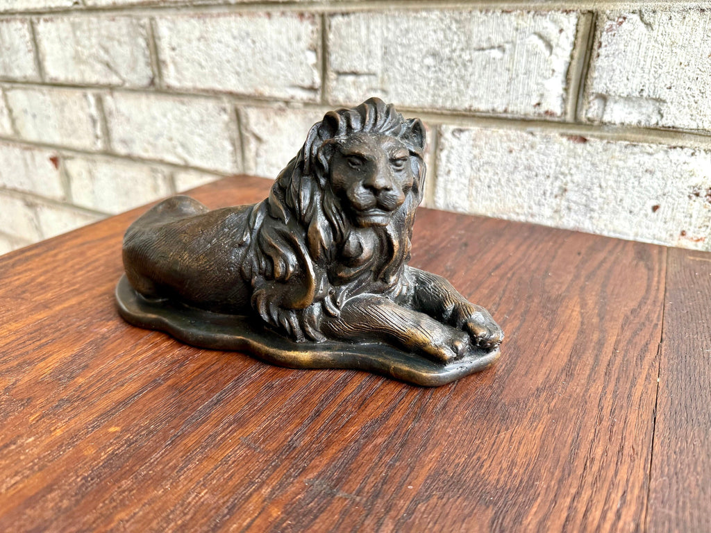 Vtg Bronze Resting Lion Statue | Laying Lion Brass Statue | Bronze Lion Figuring | Lion Sculpture | Mid Century Lion Statue