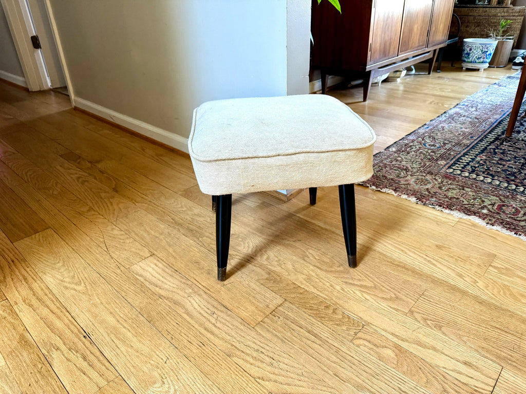 Mid Century Modern Ottoman | White Fabric Foot Stool | White Fabric Square Ottoman | Danish Modern Decor | Wood Legged Footstool | MCM Stool