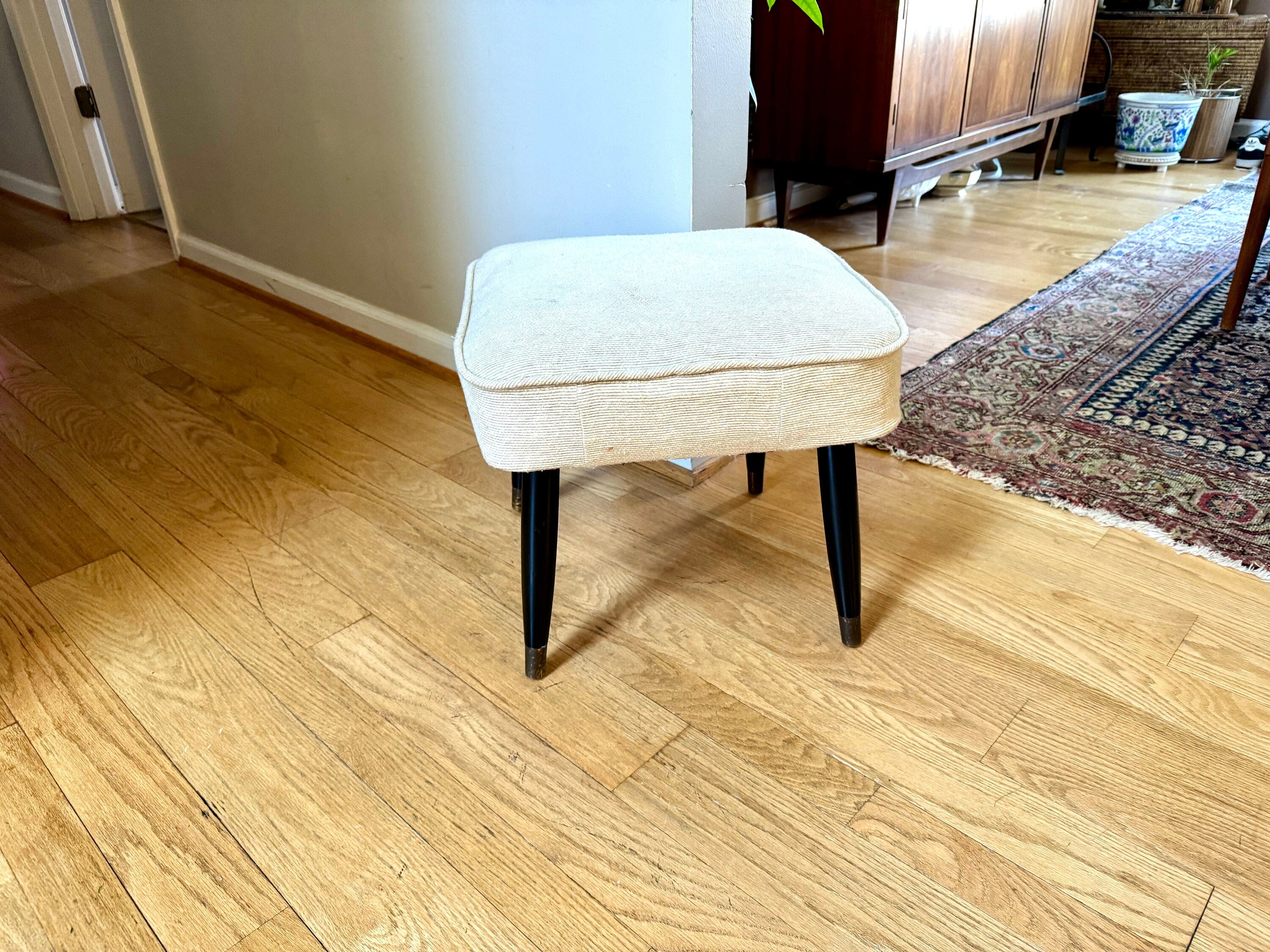 Mid Century Modern Ottoman | White Fabric Foot Stool | White Fabric Square Ottoman | Danish Modern Decor | Wood Legged Footstool | MCM Stool