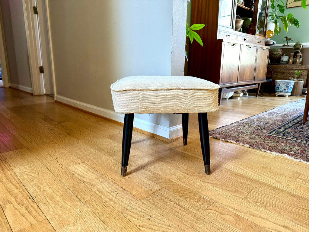 Mid Century Modern Ottoman | White Fabric Foot Stool | White Fabric Square Ottoman | Danish Modern Decor | Wood Legged Footstool | MCM Stool