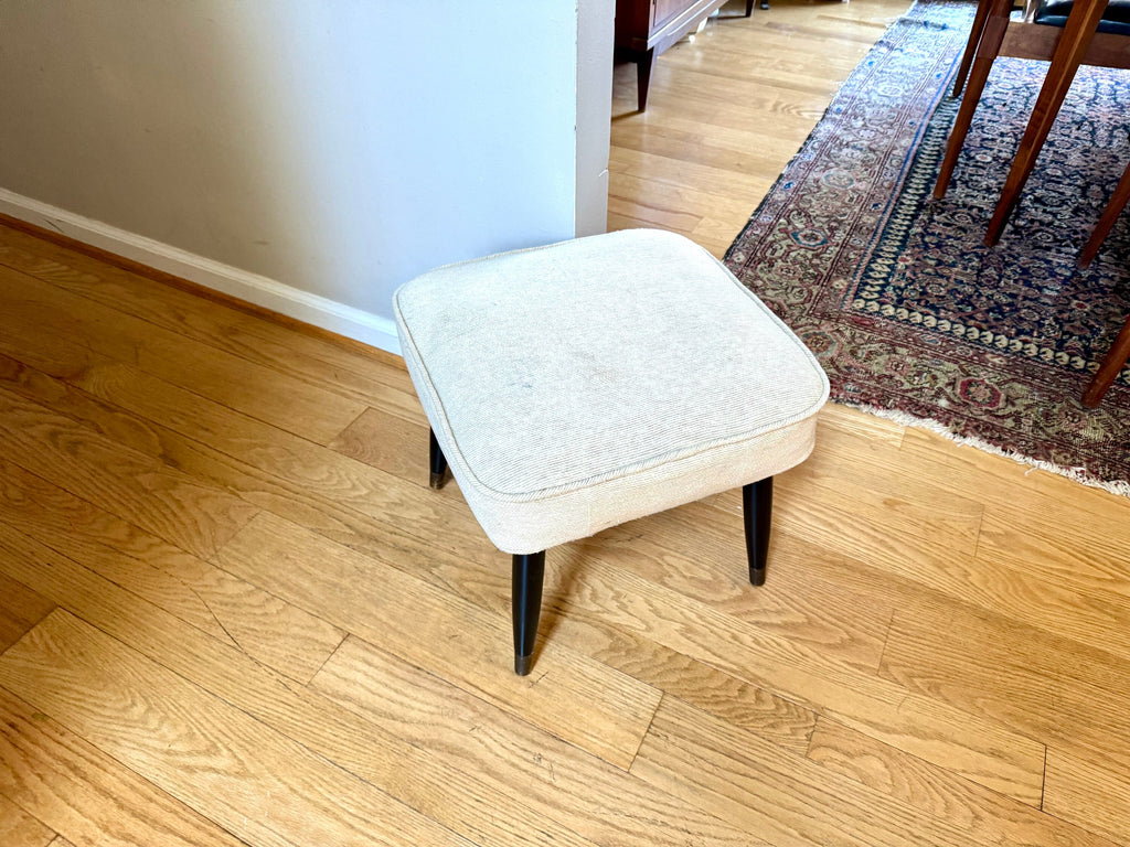 Mid Century Modern Ottoman | White Fabric Foot Stool | White Fabric Square Ottoman | Danish Modern Decor | Wood Legged Footstool | MCM Stool