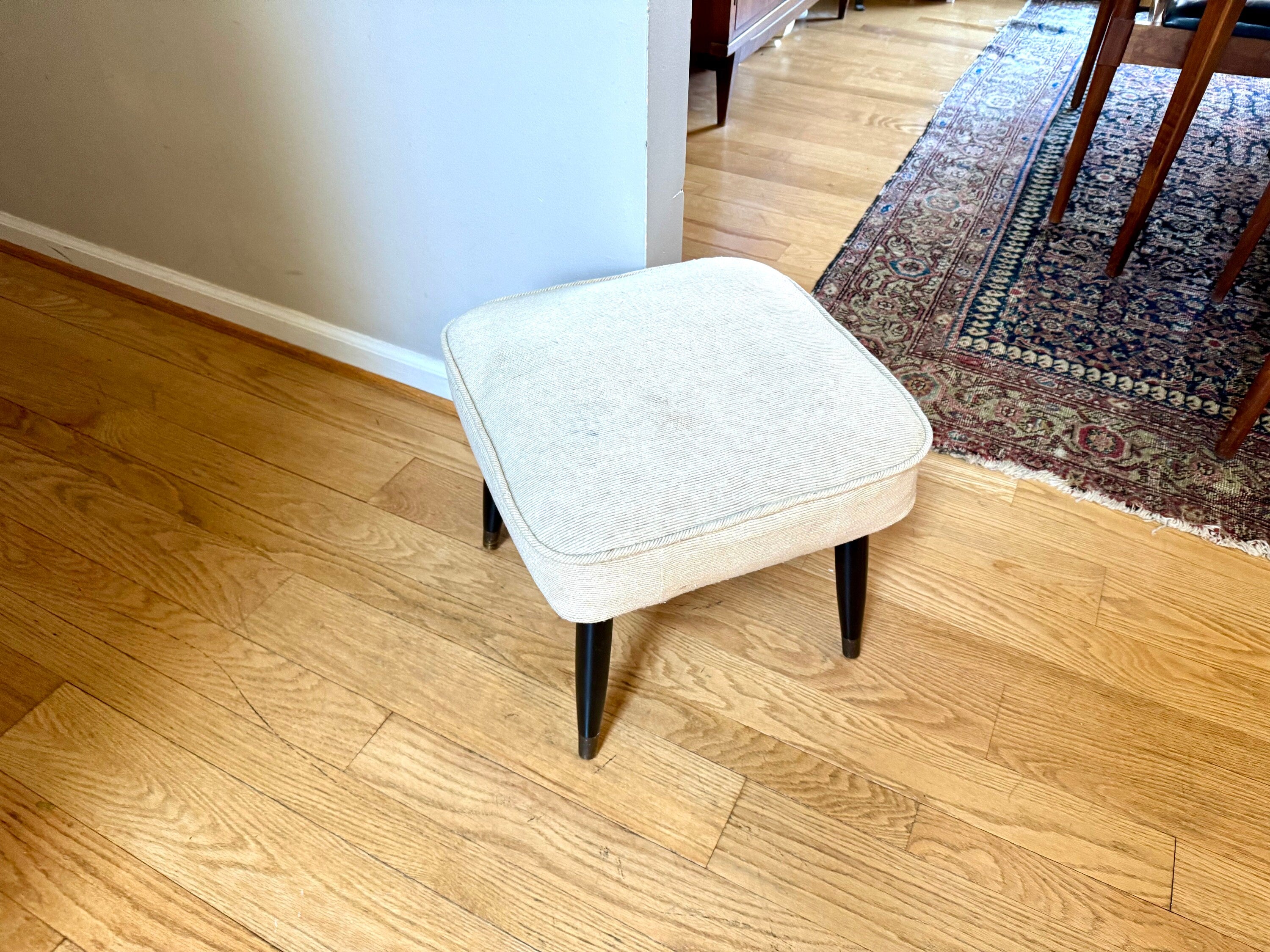 Mid Century Modern Ottoman | White Fabric Foot Stool | White Fabric Square Ottoman | Danish Modern Decor | Wood Legged Footstool | MCM Stool