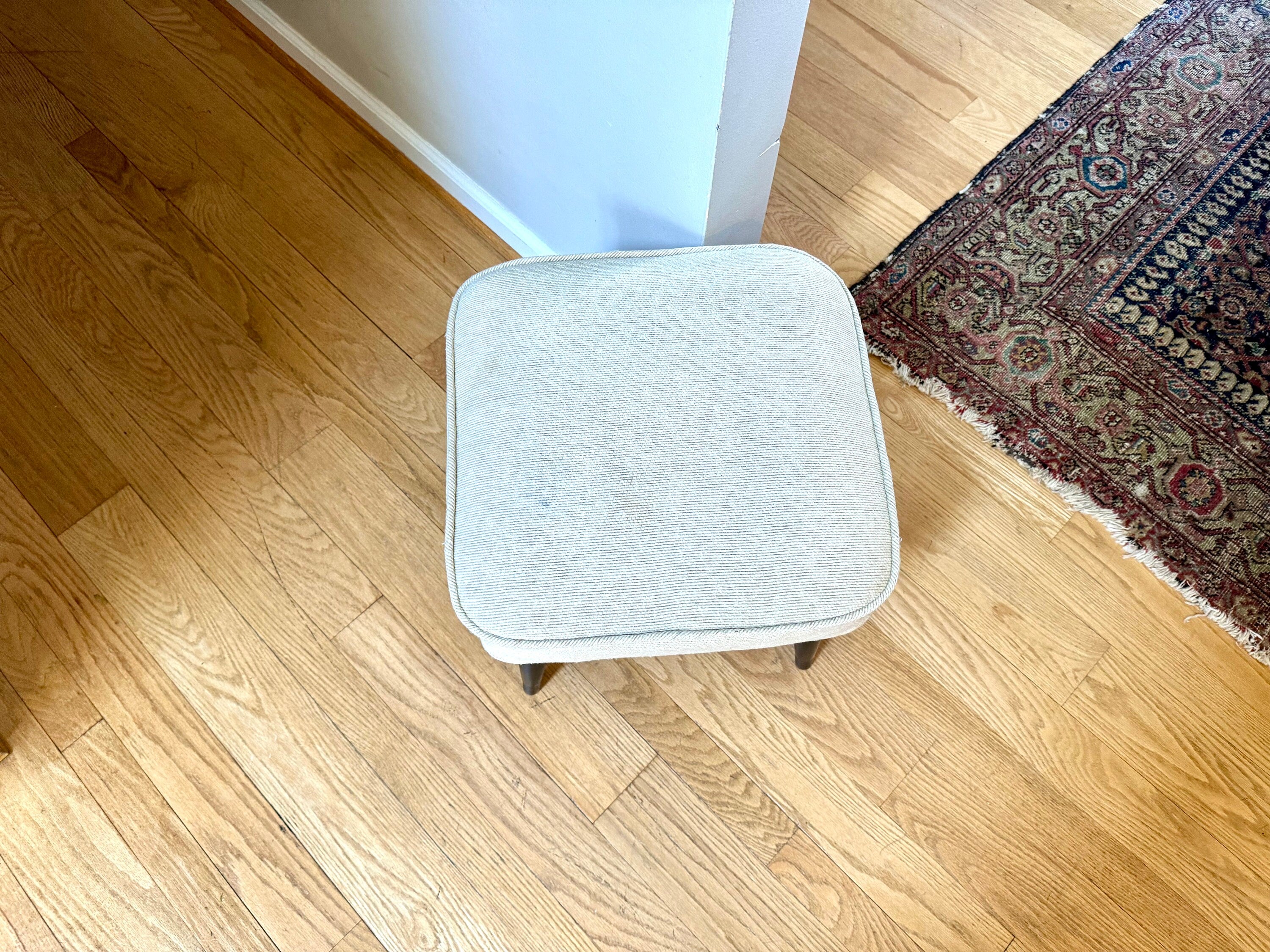 Mid Century Modern Ottoman | White Fabric Foot Stool | White Fabric Square Ottoman | Danish Modern Decor | Wood Legged Footstool | MCM Stool