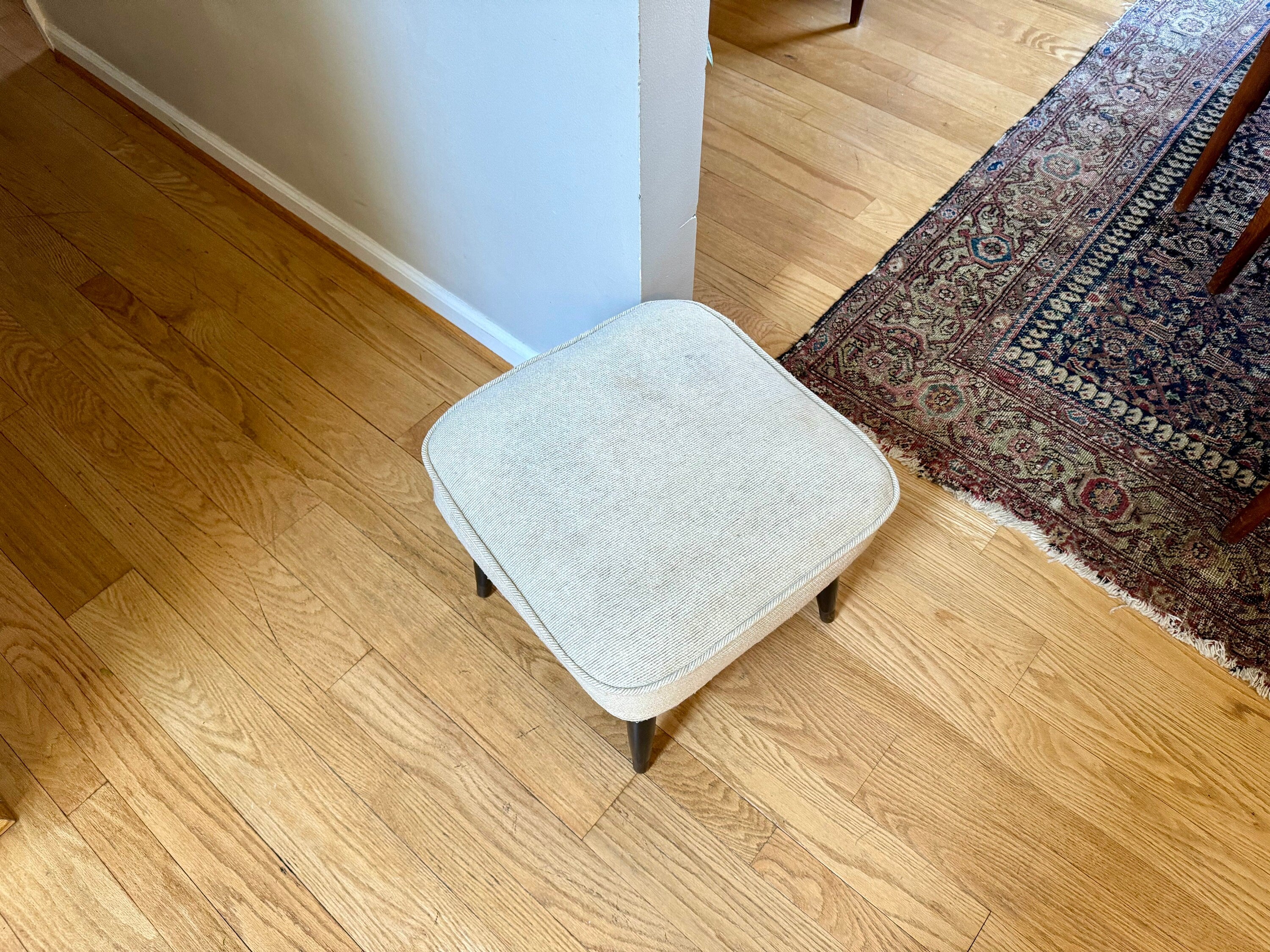Mid Century Modern Ottoman | White Fabric Foot Stool | White Fabric Square Ottoman | Danish Modern Decor | Wood Legged Footstool | MCM Stool