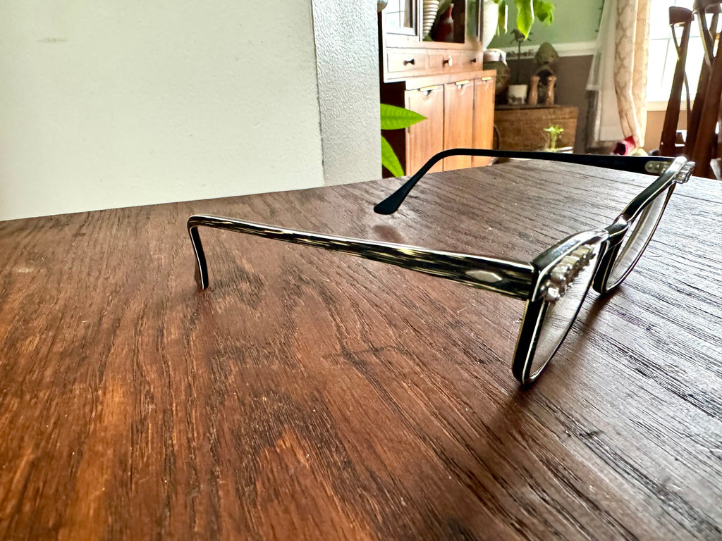 Vtg Pair Of 1950's Cat Eye Eyeglasses | Bausch and Lomb Eyewear | Cats Eye Glasses | Jeweled Eyeglasses| Black and White Striped Eyewear