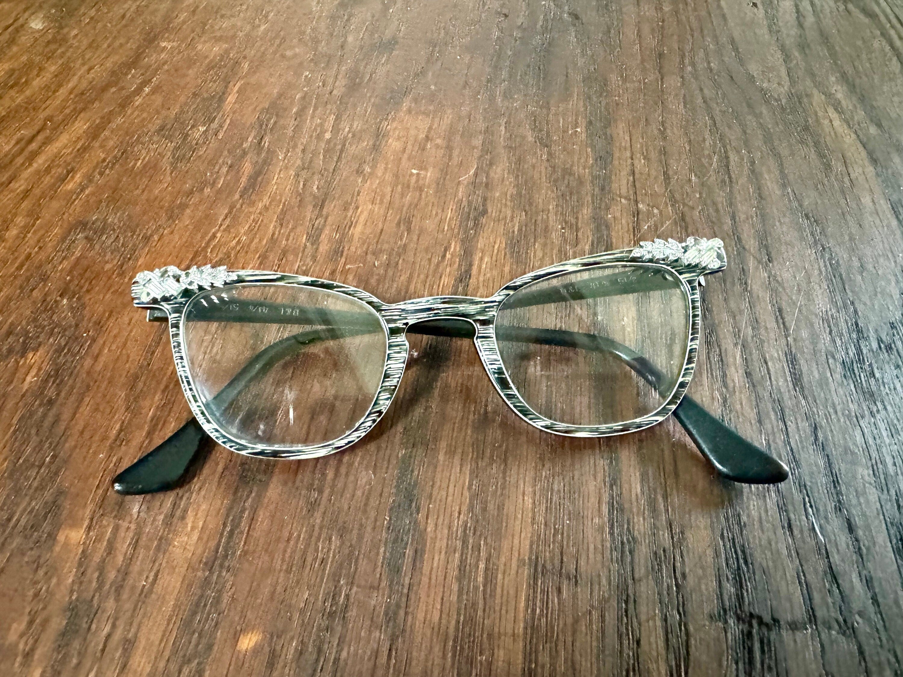 Vtg Pair Of 1950's Cat Eye Eyeglasses | Bausch and Lomb Eyewear | Cats Eye Glasses | Jeweled Eyeglasses| Black and White Striped Eyewear