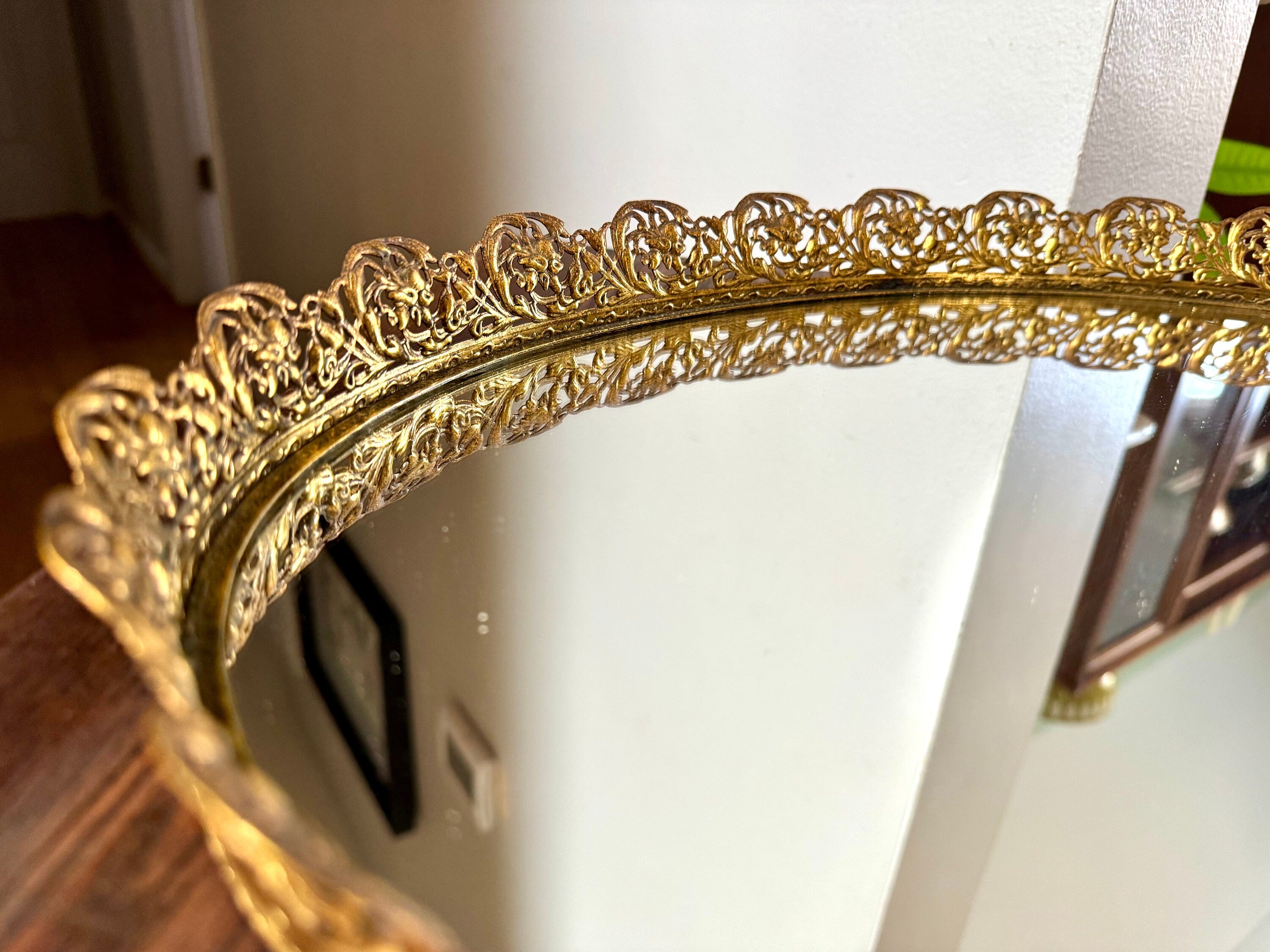 Ornate Gold Filigree Vanity Tray | Vintage Large Oval Mirrored Vanity Tray | Ornate Filigree Vanity Tray | Hollywood Regency Mirrored Tray