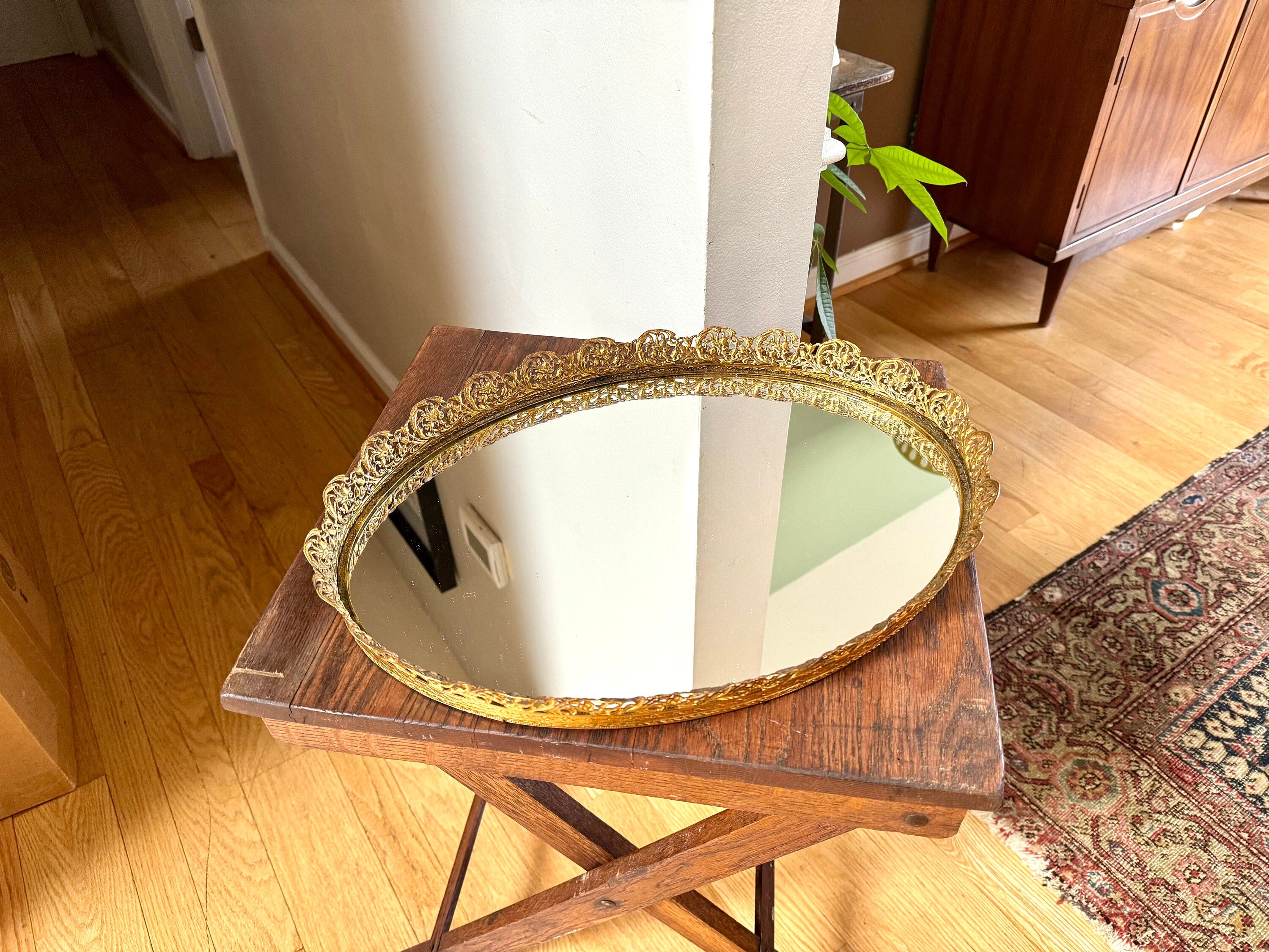 Ornate Gold Filigree Vanity Tray | Vintage Large Oval Mirrored Vanity Tray | Ornate Filigree Vanity Tray | Hollywood Regency Mirrored Tray