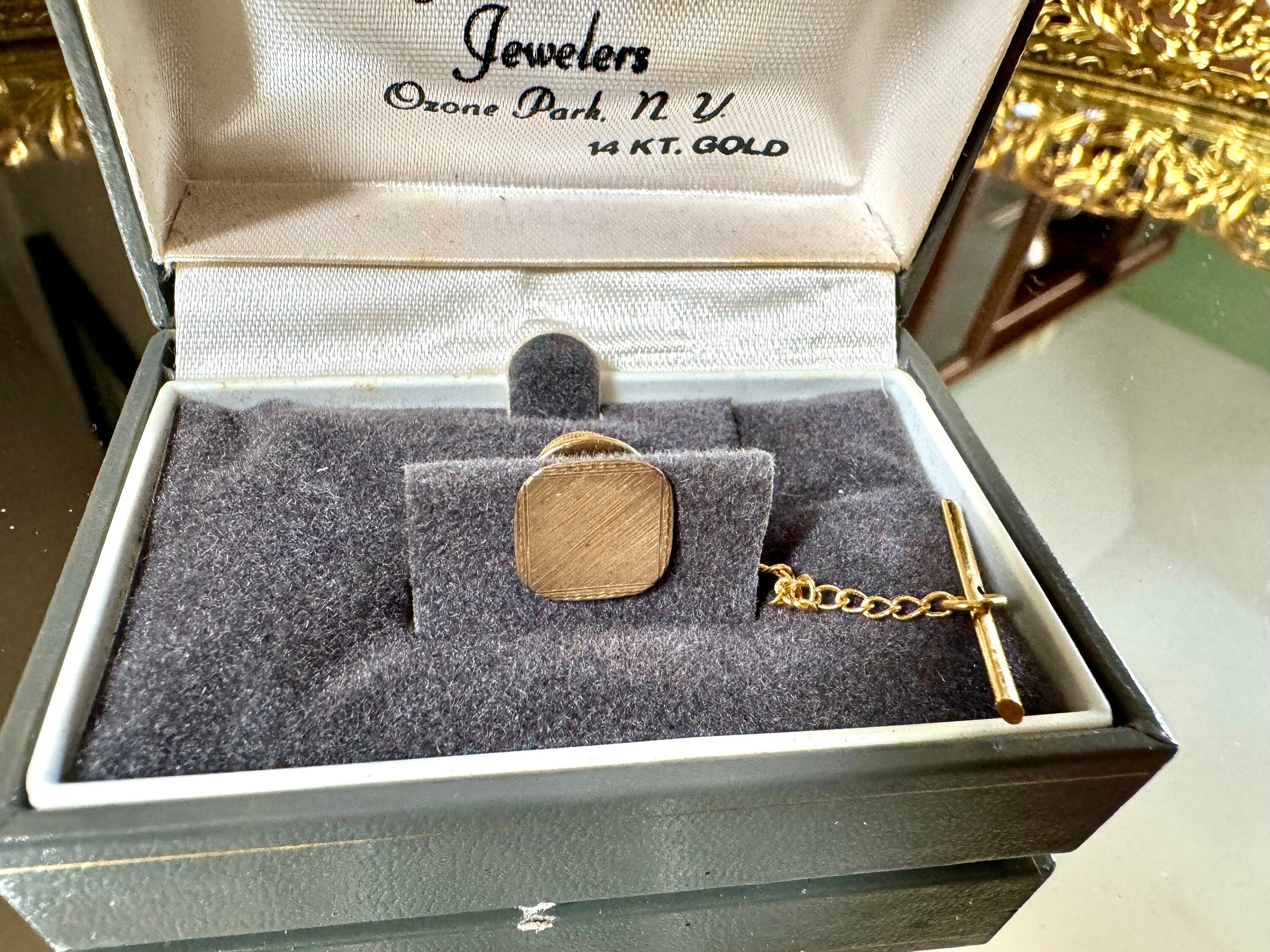 J.V. Carter 14KT Etched Tie Tack Pin | Vintage 14K Yellow Gold Tie Tack Pin in Original Box | Simple Gold Tie Tack Pin