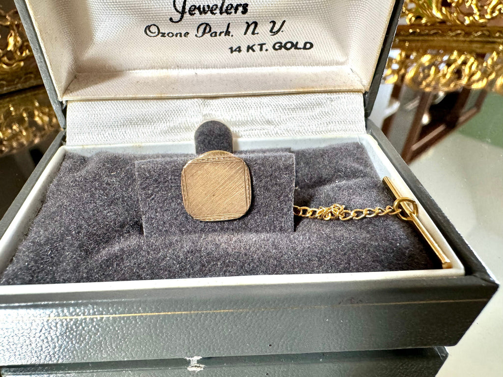 J.V. Carter 14KT Etched Tie Tack Pin | Vintage 14K Yellow Gold Tie Tack Pin in Original Box | Simple Gold Tie Tack Pin