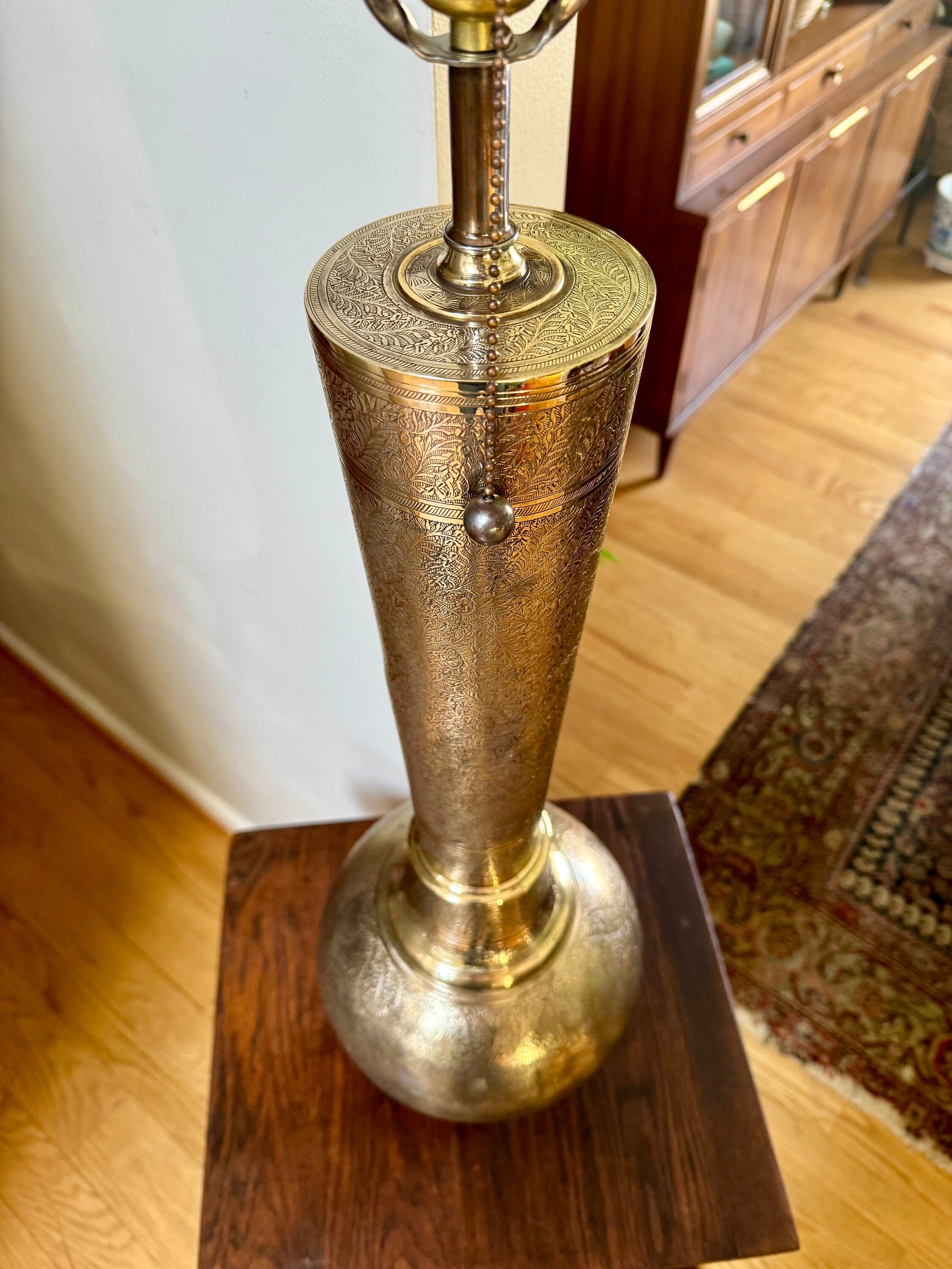 Vtg Brass India Engraved Lamp | Mid Century Era Middle Eastern Engraved Brass Lamp | Tall Etched Brass Semi-polished Lamp