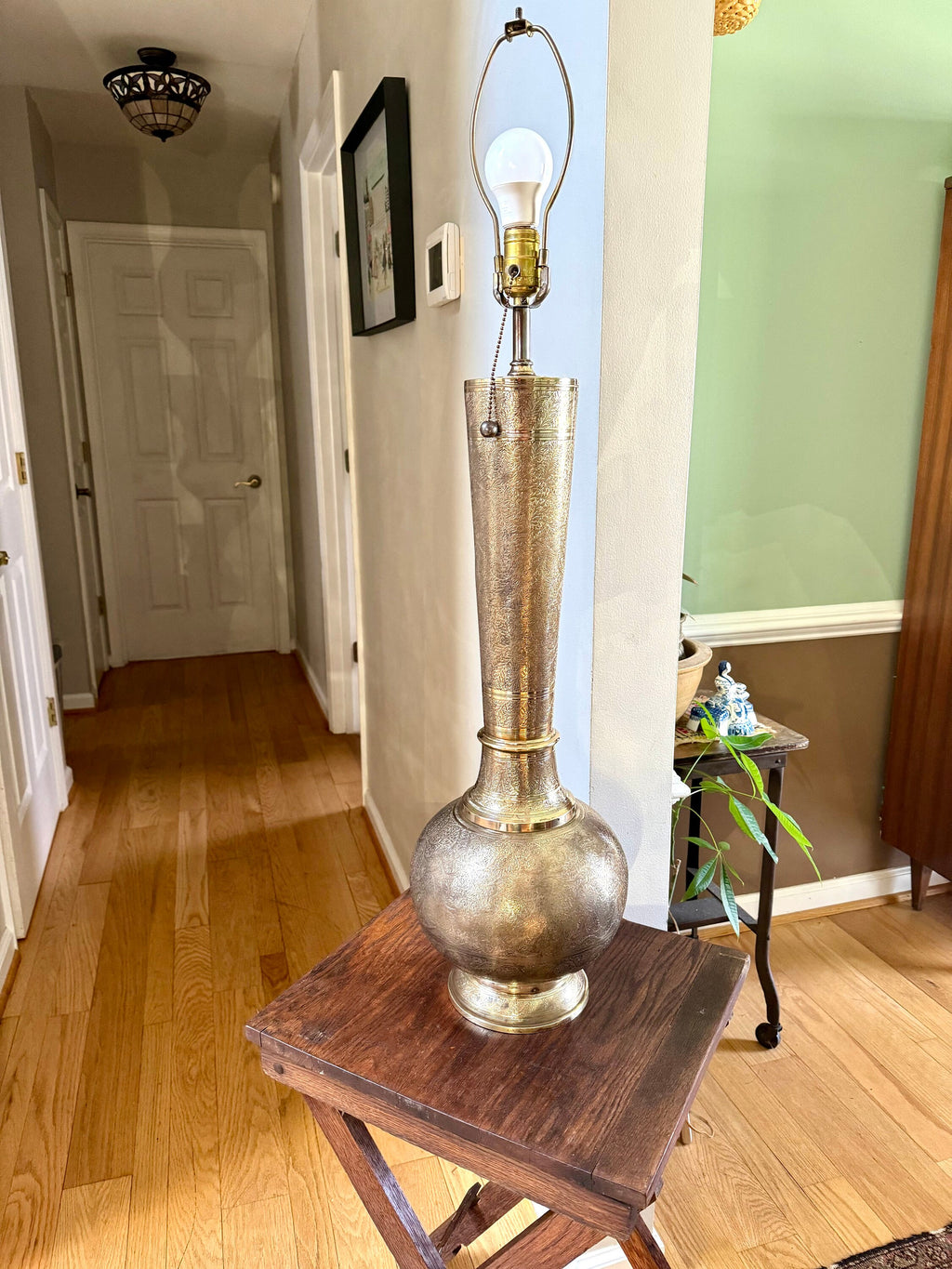 Vtg Brass India Engraved Lamp | Mid Century Era Middle Eastern Engraved Brass Lamp | Tall Etched Brass Semi-polished Lamp