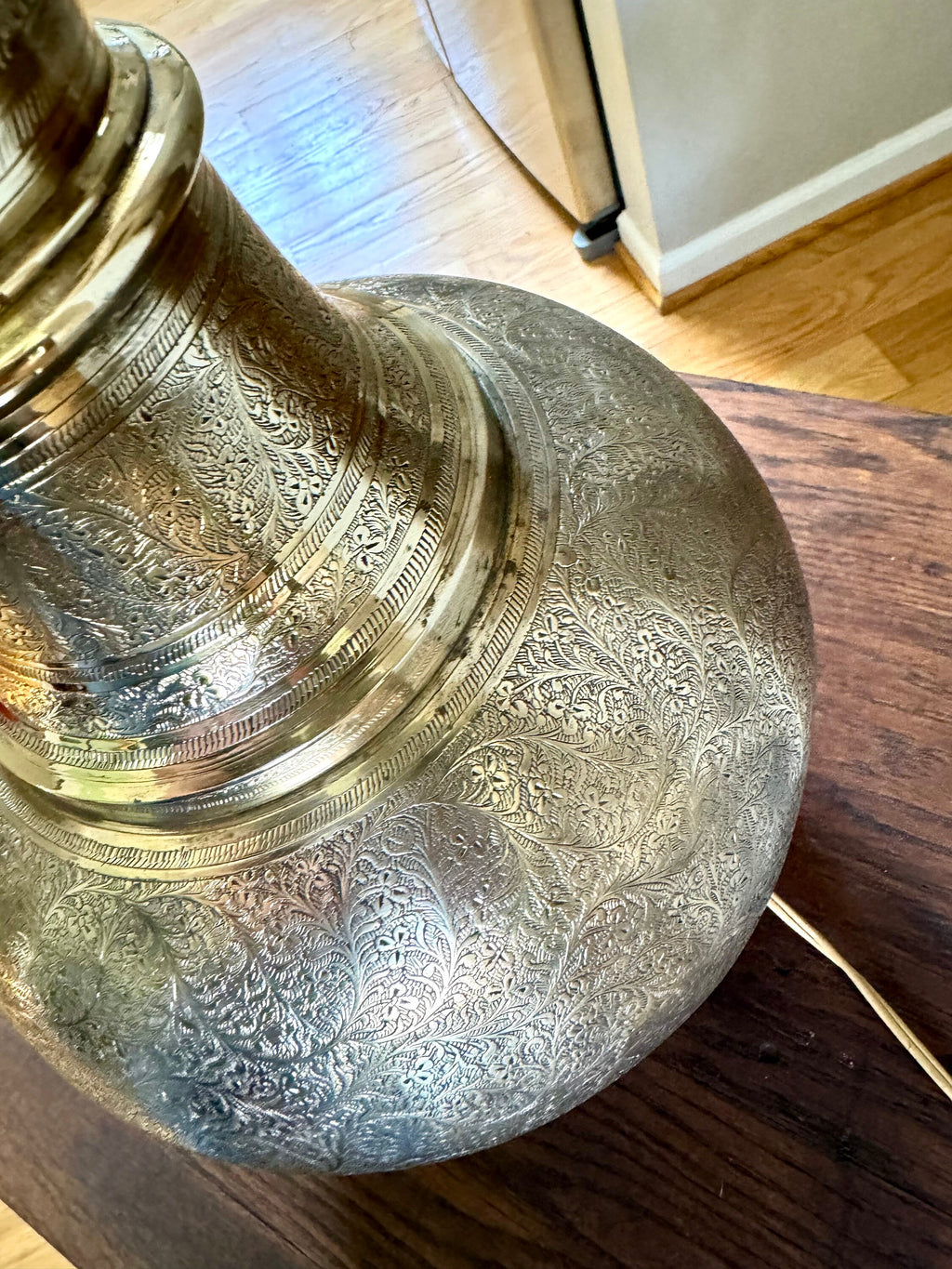 Vtg Brass India Engraved Lamp | Mid Century Era Middle Eastern Engraved Brass Lamp | Tall Etched Brass Semi-polished Lamp