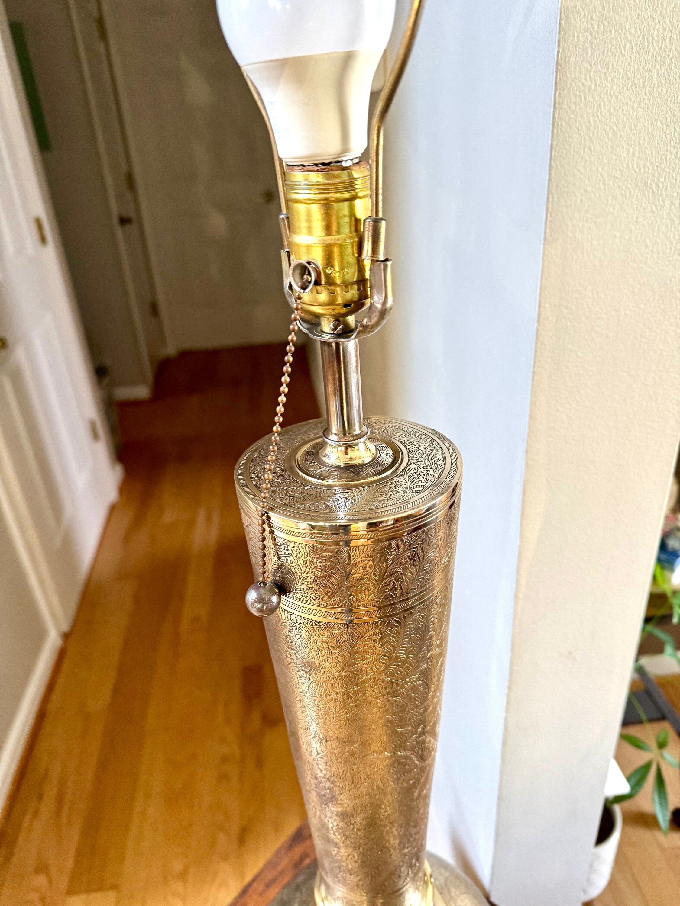 Vtg Brass India Engraved Lamp | Mid Century Era Middle Eastern Engraved Brass Lamp | Tall Etched Brass Semi-polished Lamp