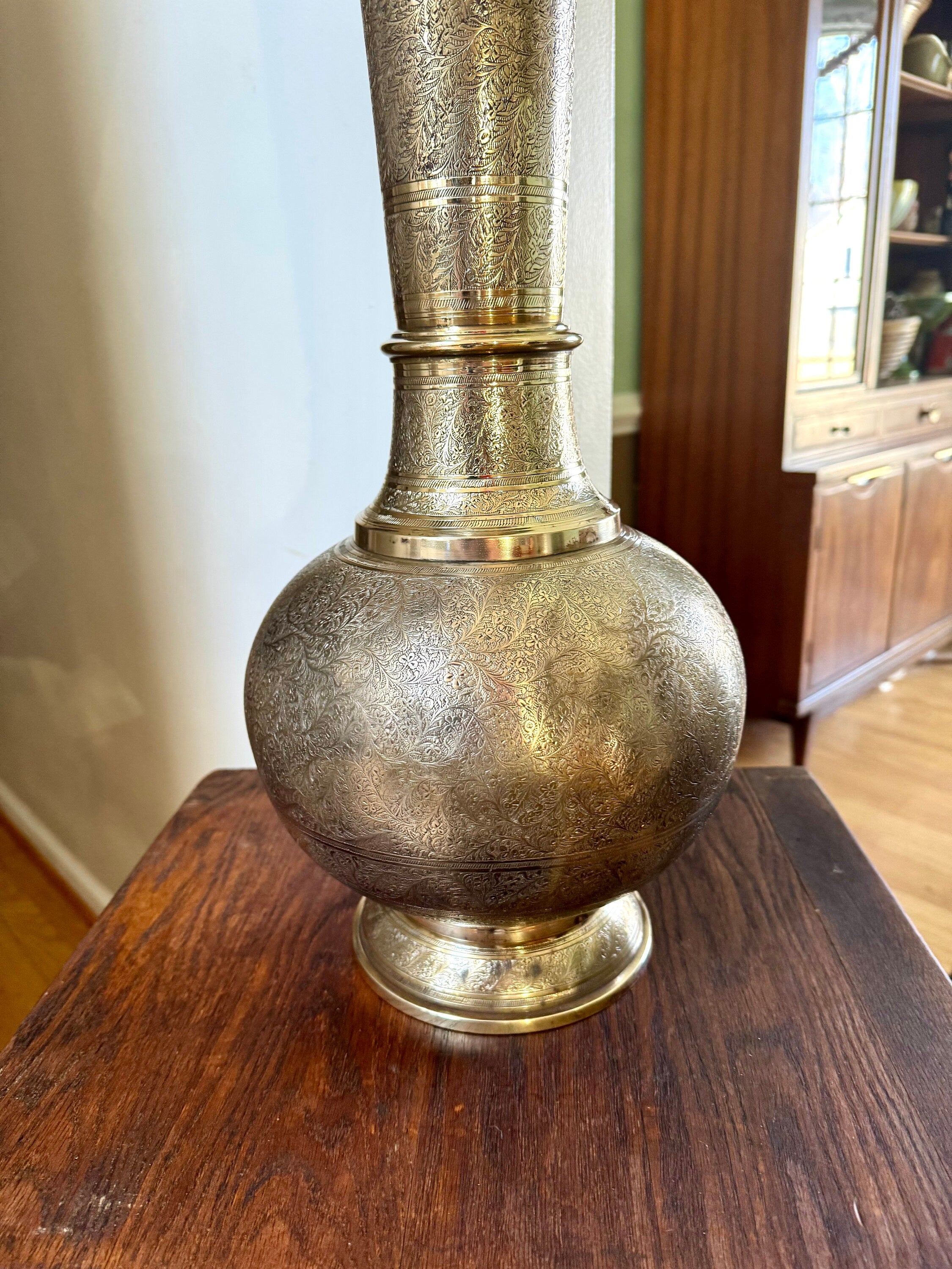 Vtg Brass India Engraved Lamp | Mid Century Era Middle Eastern Engraved Brass Lamp | Tall Etched Brass Semi-polished Lamp