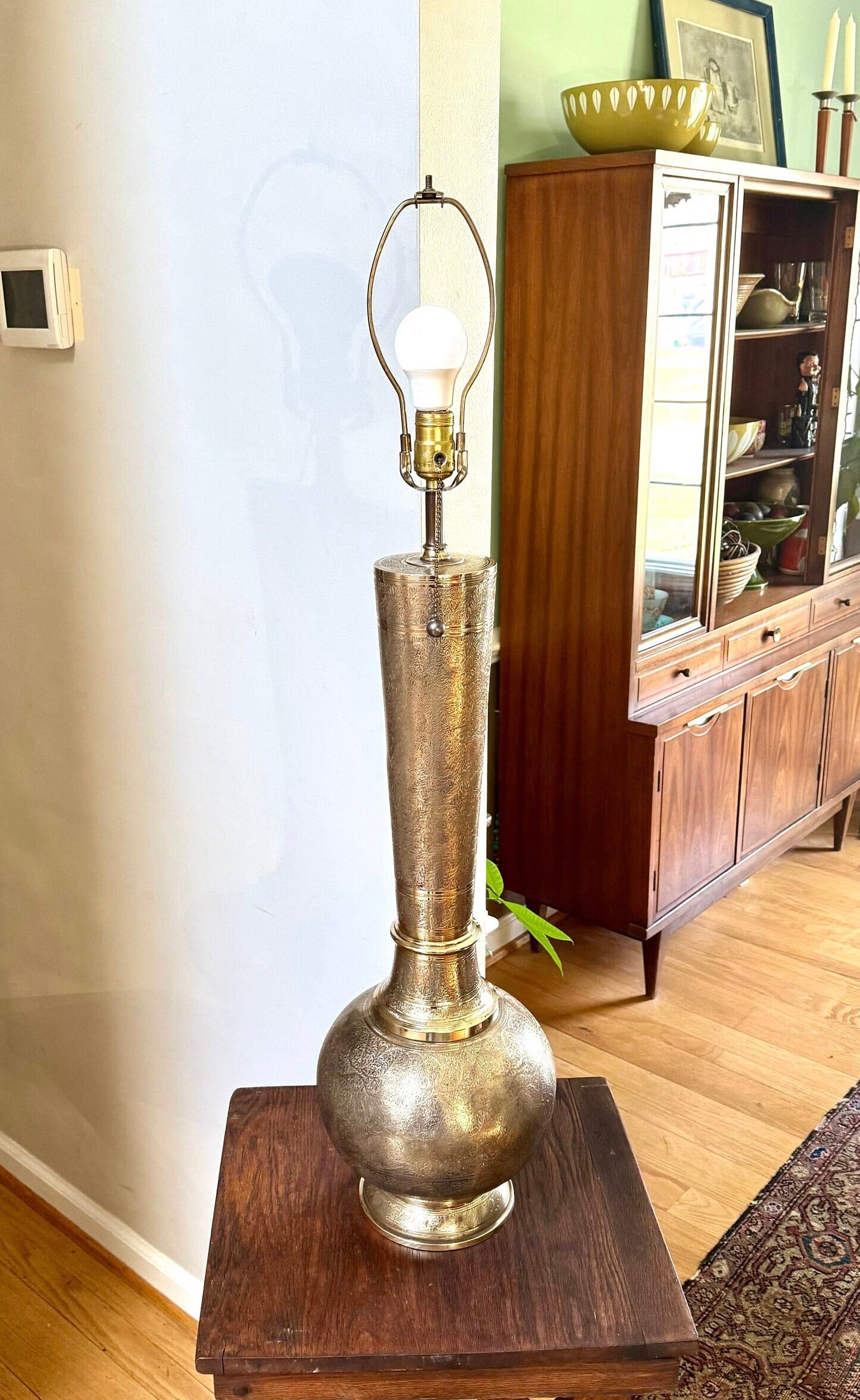 Vtg Brass India Engraved Lamp | Mid Century Era Middle Eastern Engraved Brass Lamp | Tall Etched Brass Semi-polished Lamp